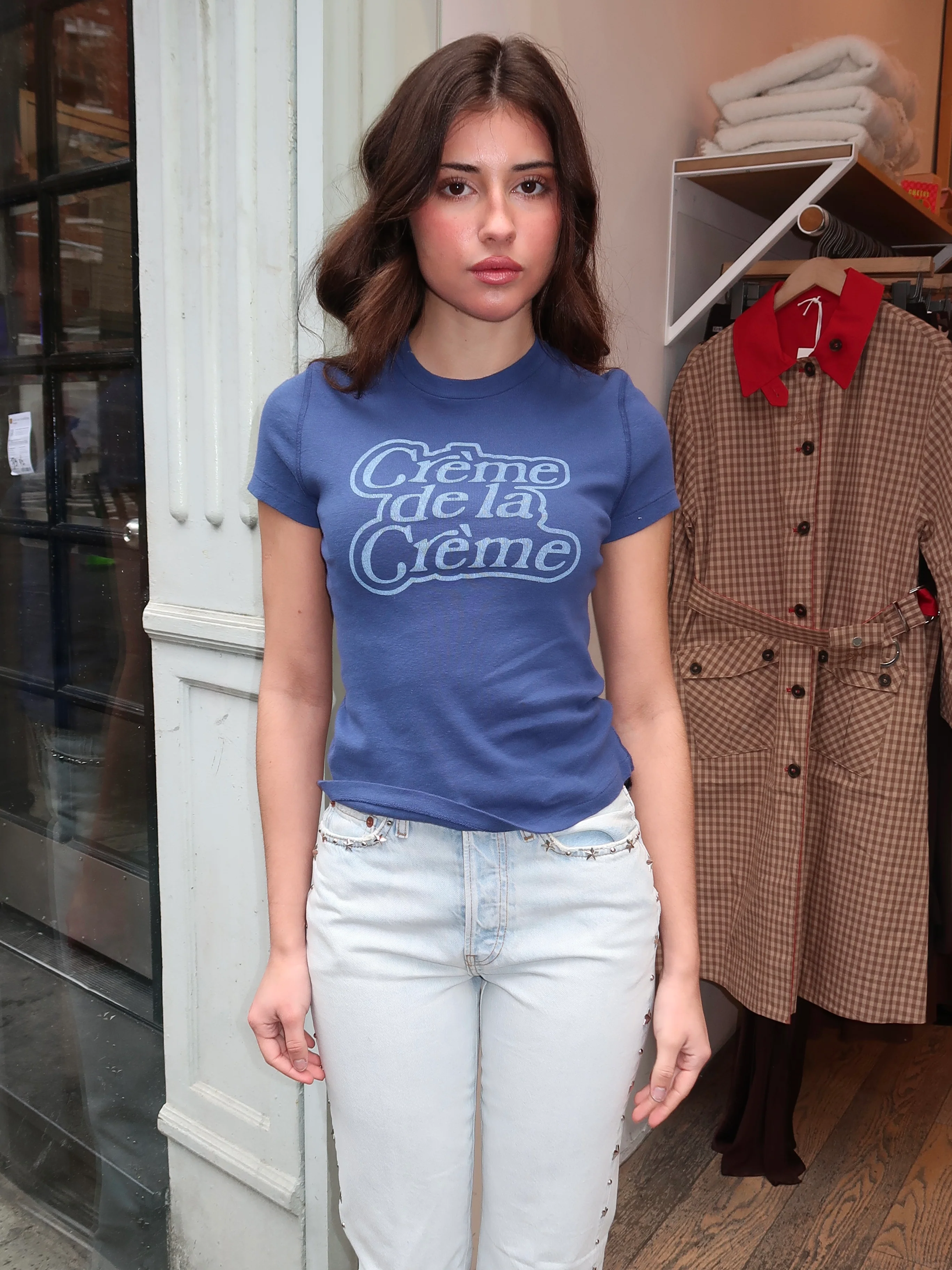 90s Baby Tee Creme De La Creme in Postman Blue - Image 2