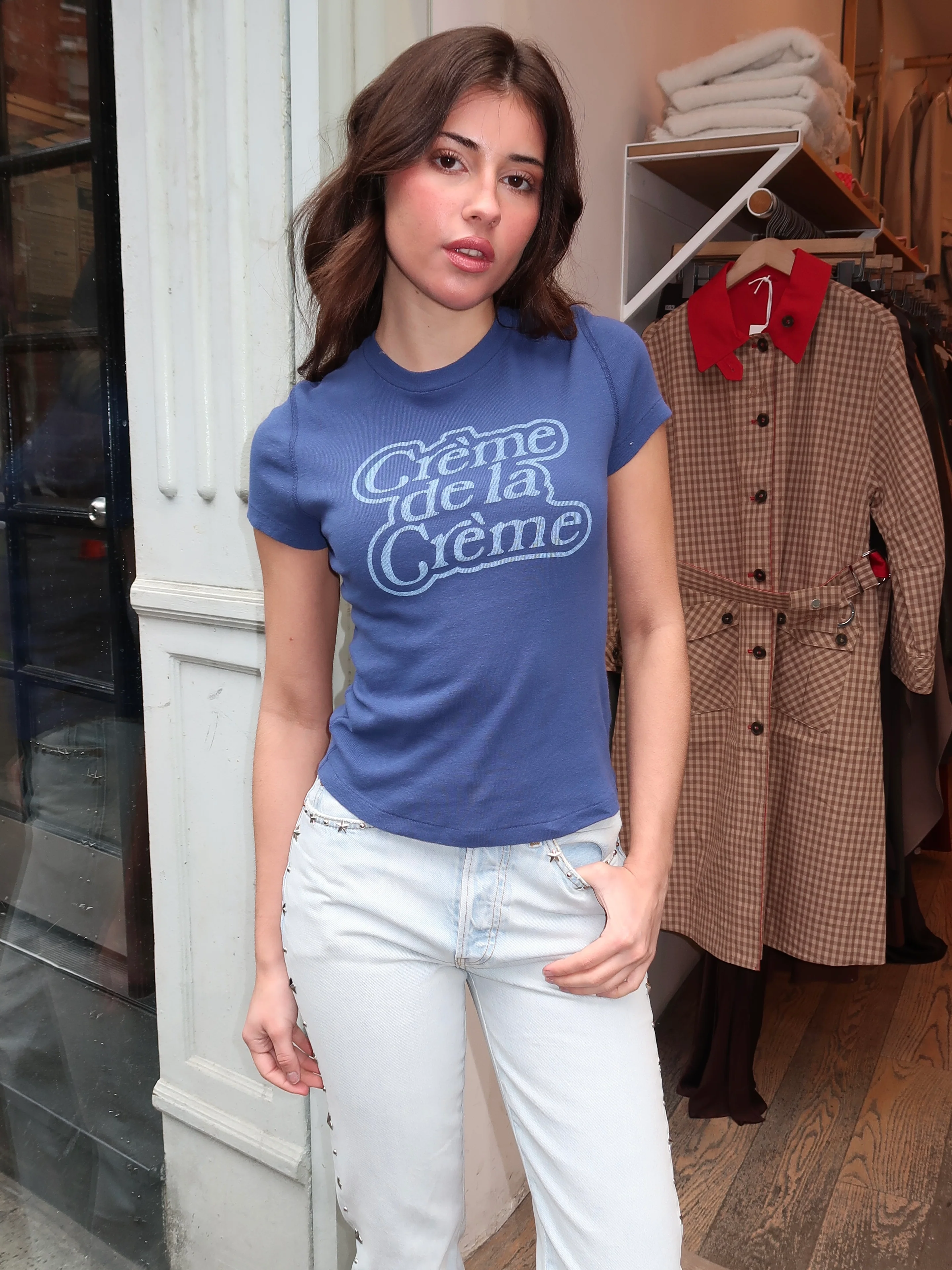 90s Baby Tee Creme De La Creme in Postman Blue - Image 4