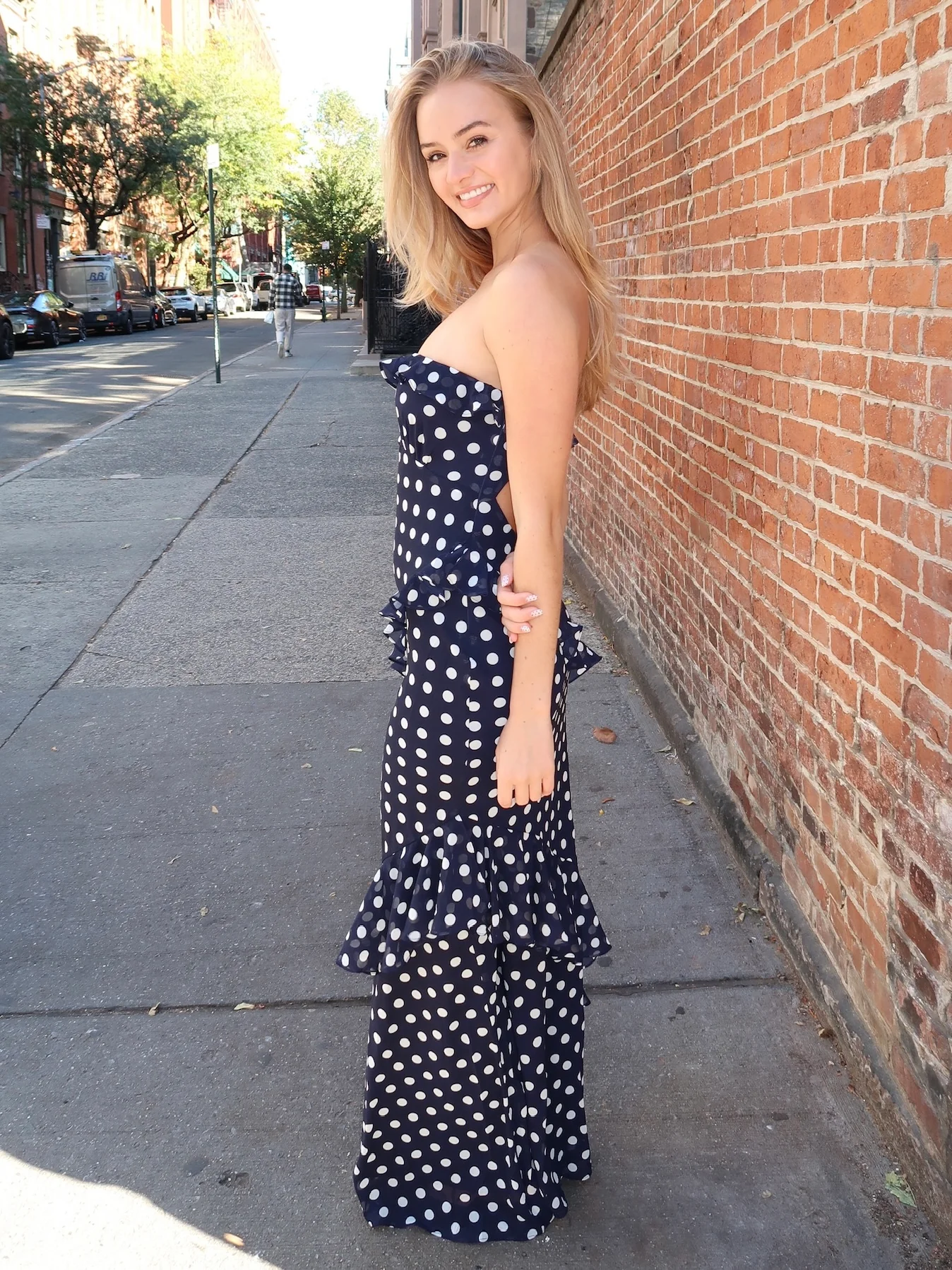Alyson Strapless Maxi Ruffle Dress in Navy Dot - Image 4