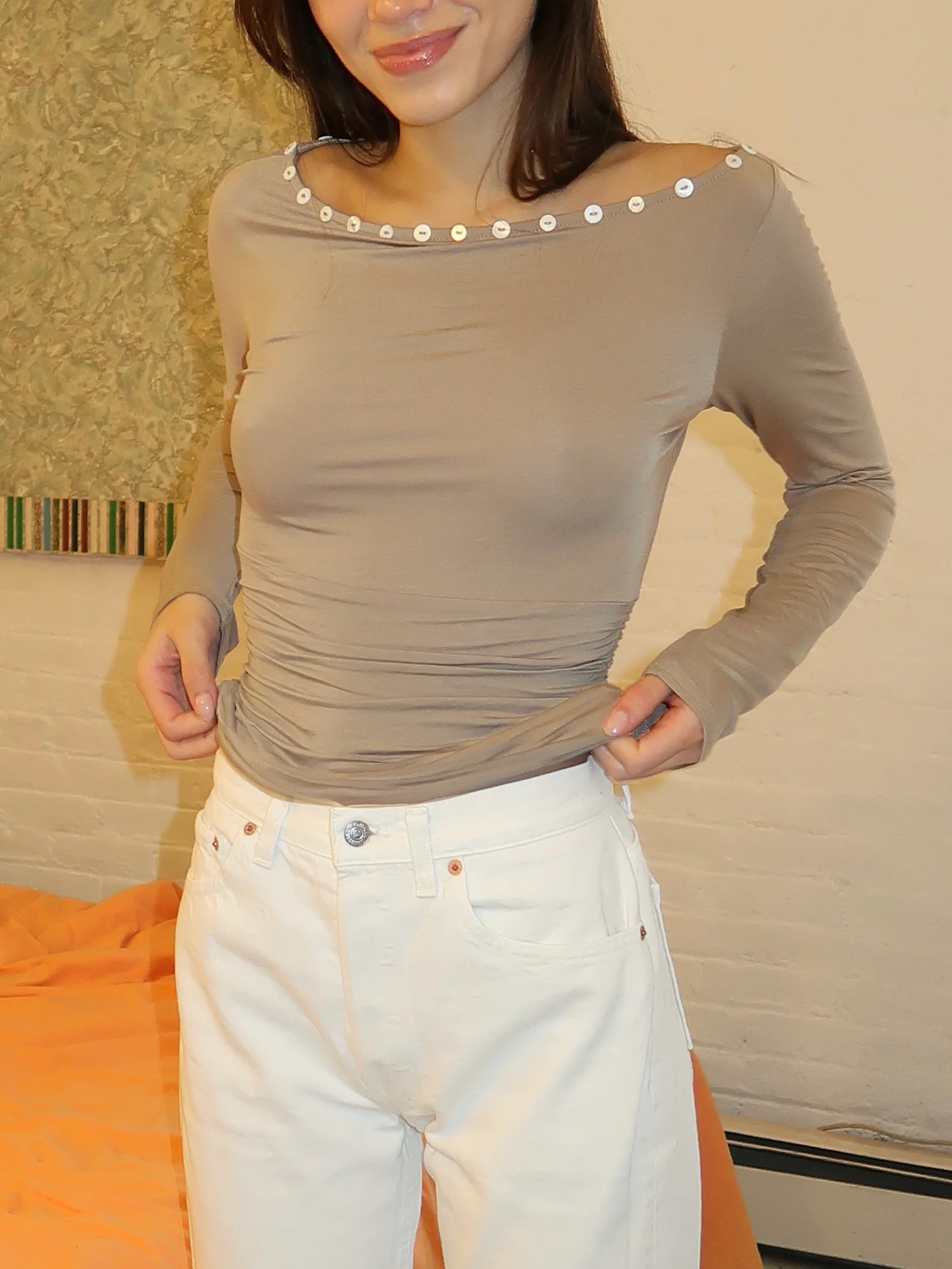 Azalea Long Sleeve Button Trim Top in Greige - Image 2