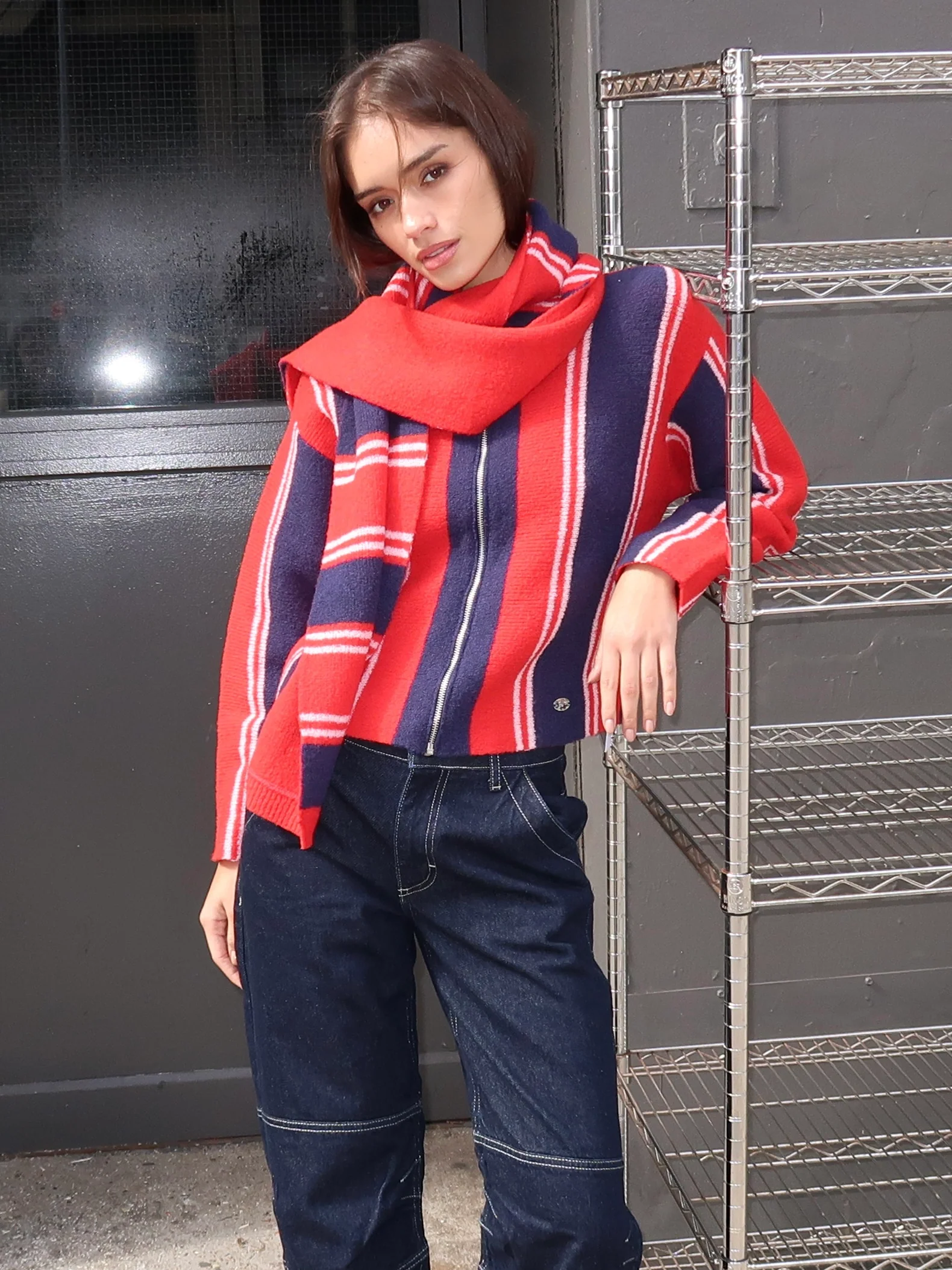 Bibi Skinny Scarf in Red Navy Stripe Multi - Image 2