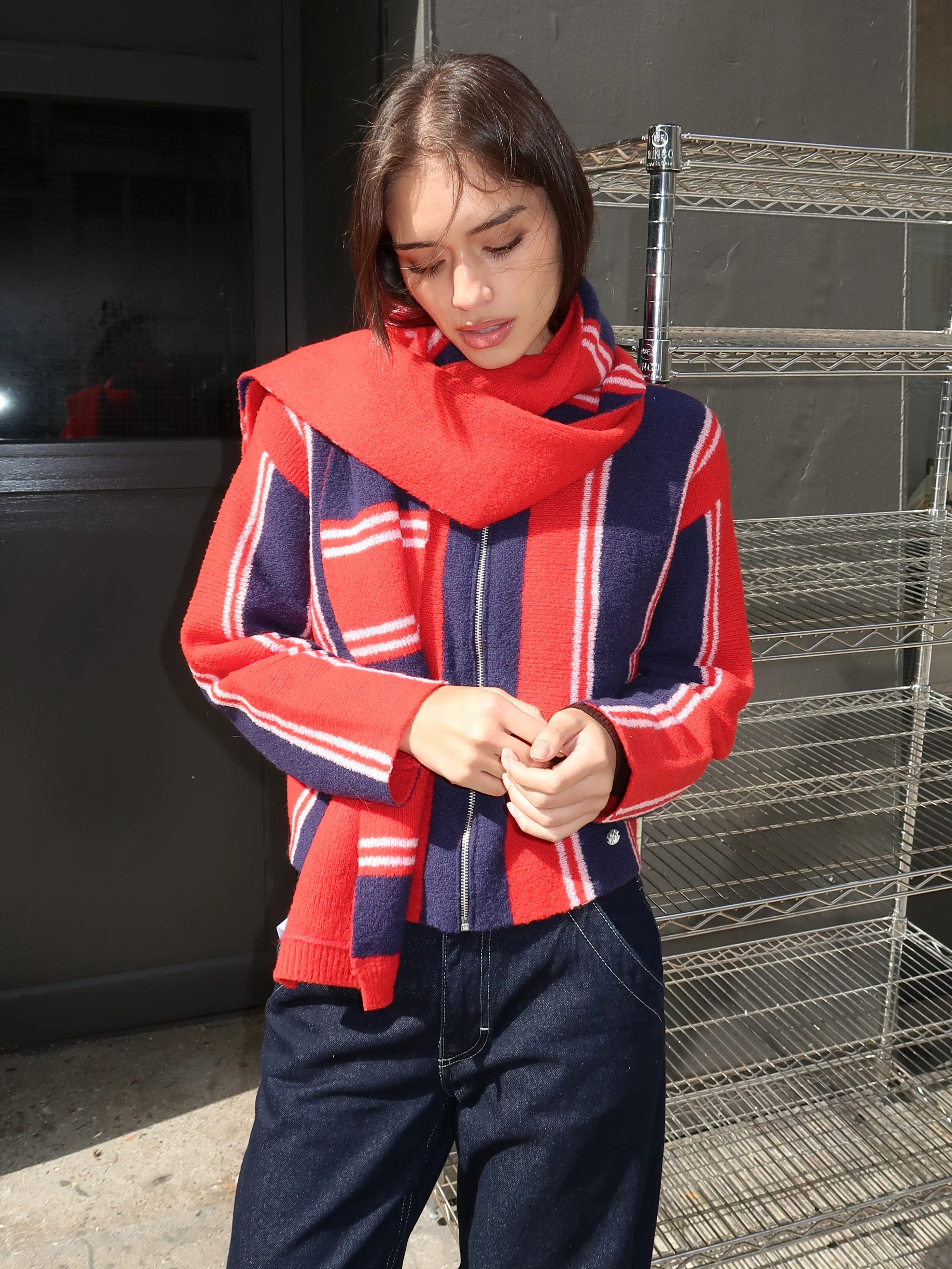 Bibi Skinny Scarf in Red Navy Stripe Multi - Image 3