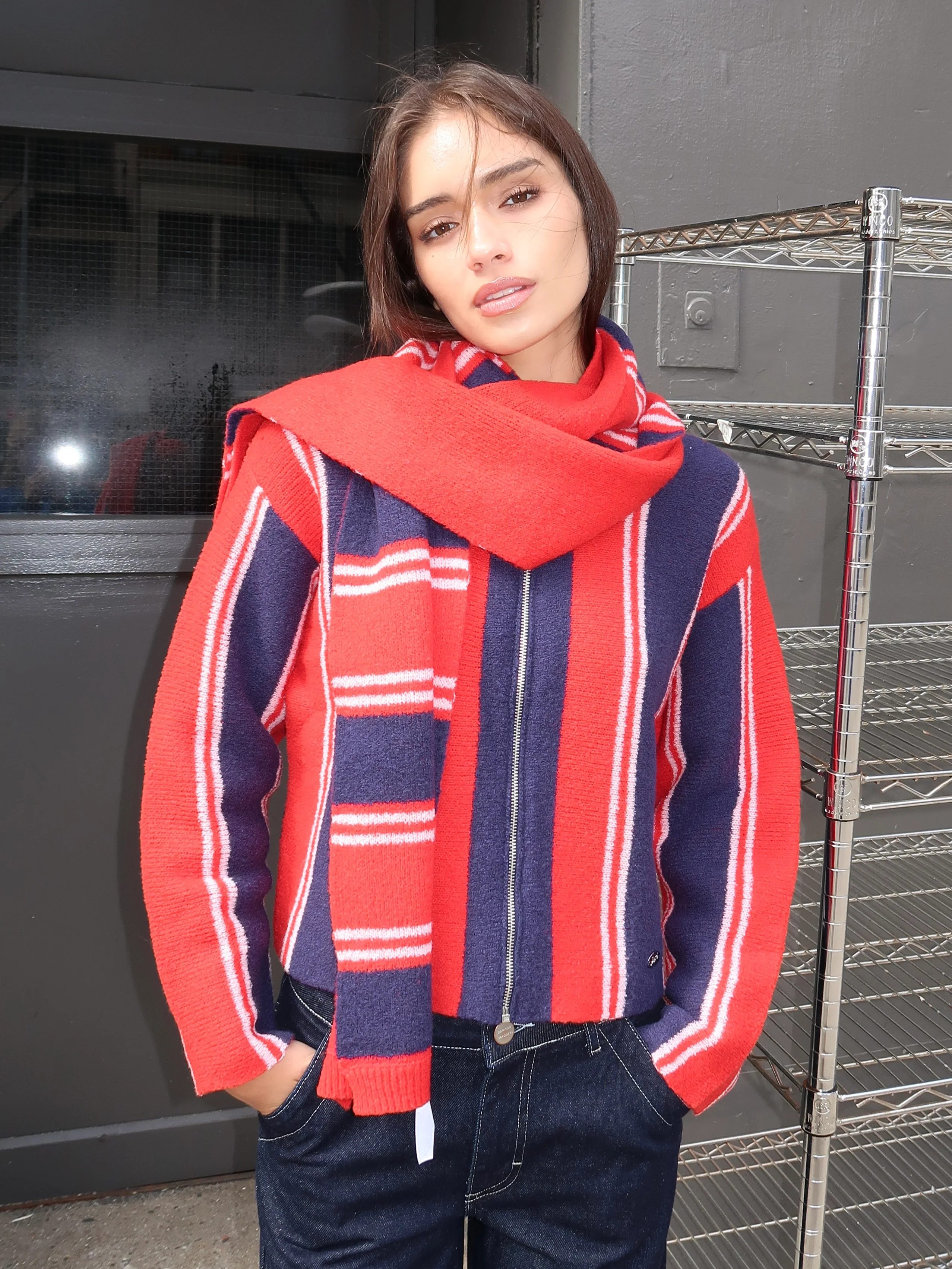 Bibi Skinny Scarf in Red Navy Stripe Multi - Image 4