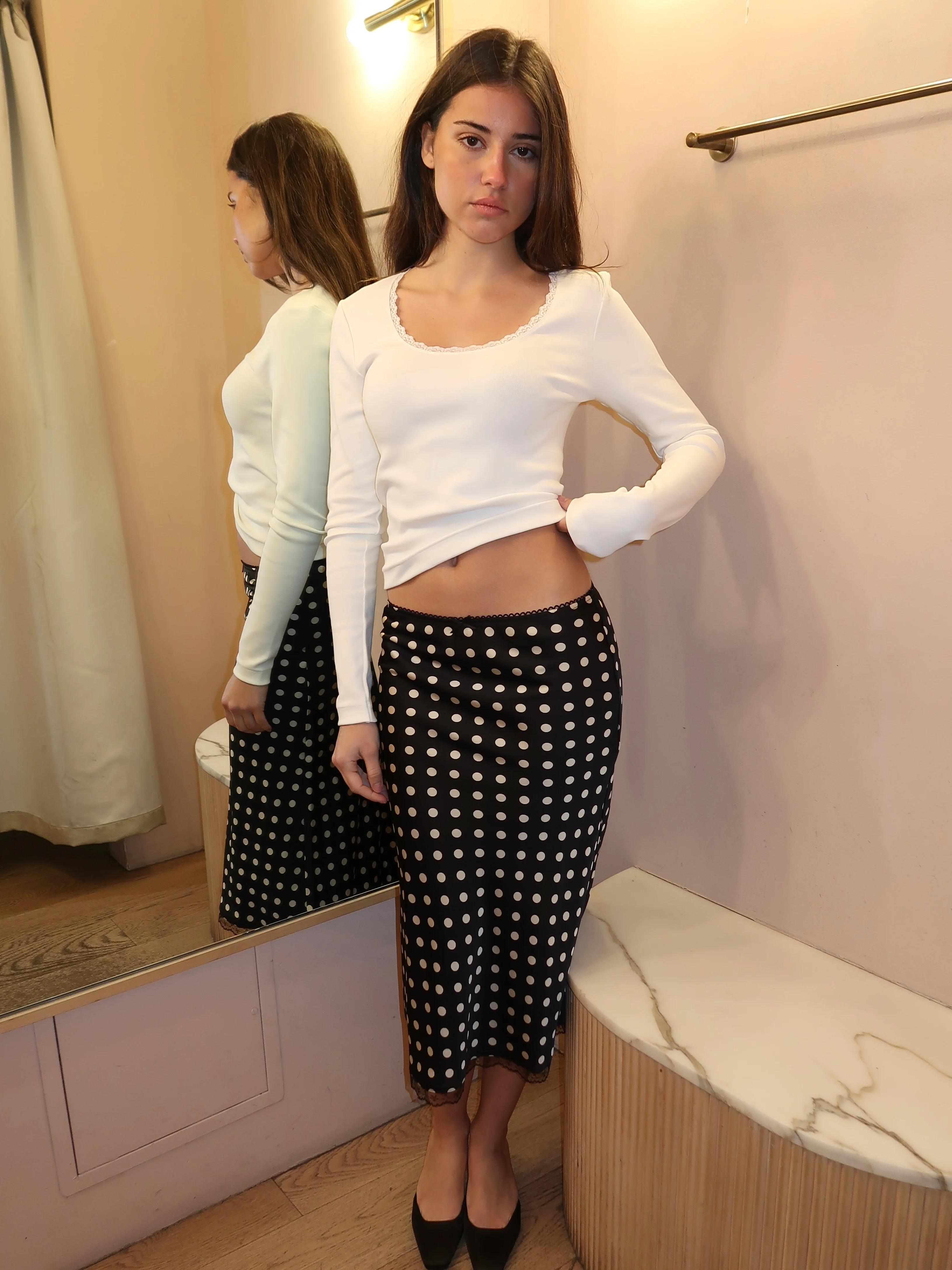 Brooke Midi Skirt in Black Dot