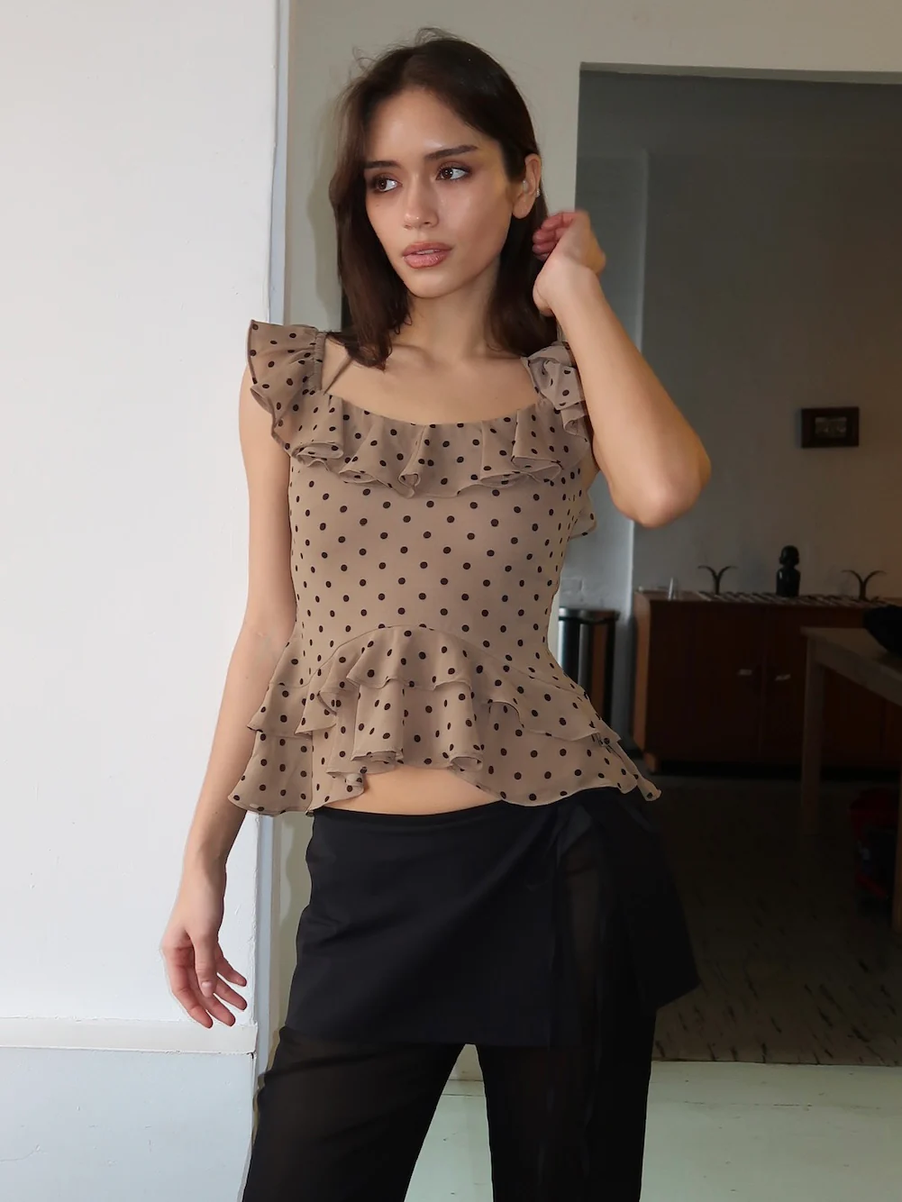 Carlson Ruffle Top in Choco Dot - Image 2