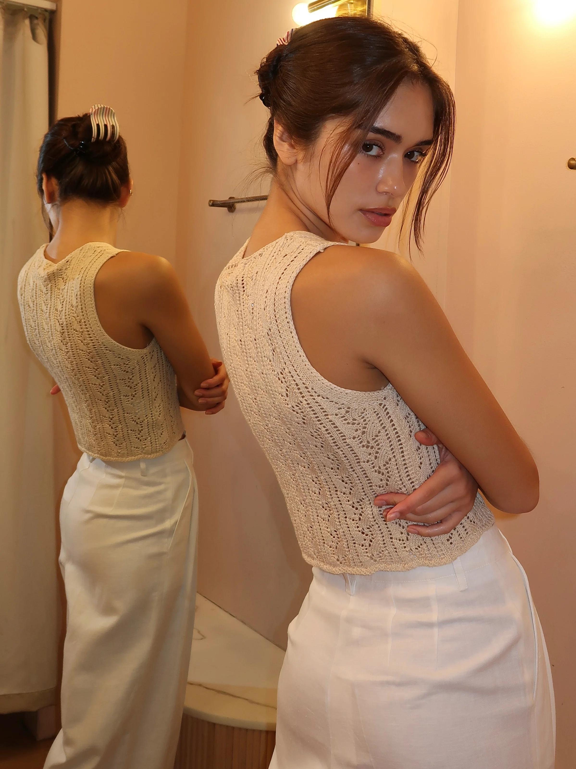 Carrol Crochet Vest Top in Tan - Image 3