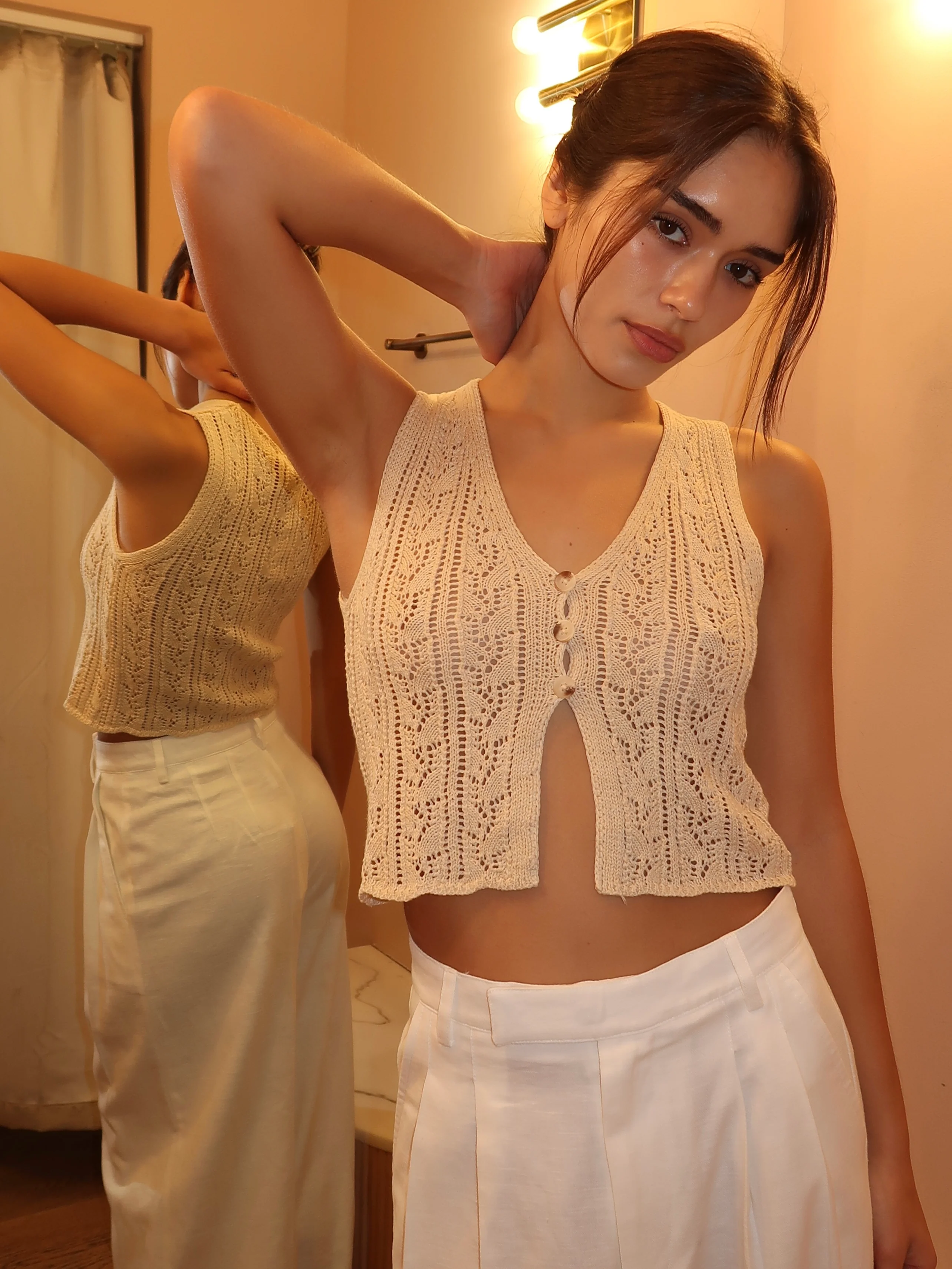 Carrol Crochet Vest Top in Tan - Image 4