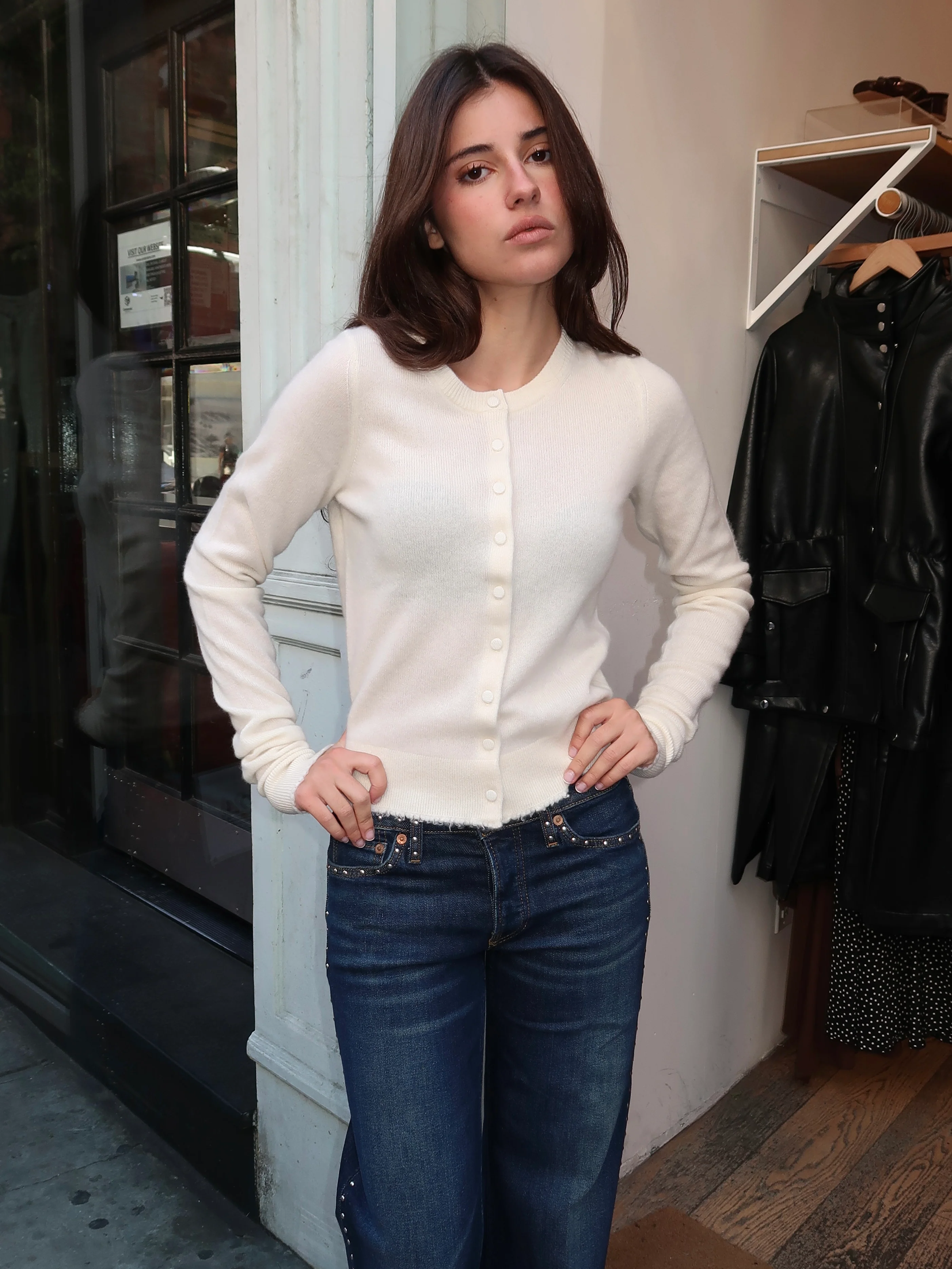 Cashmere Crewneck Cardigan in Ivory - Image 4