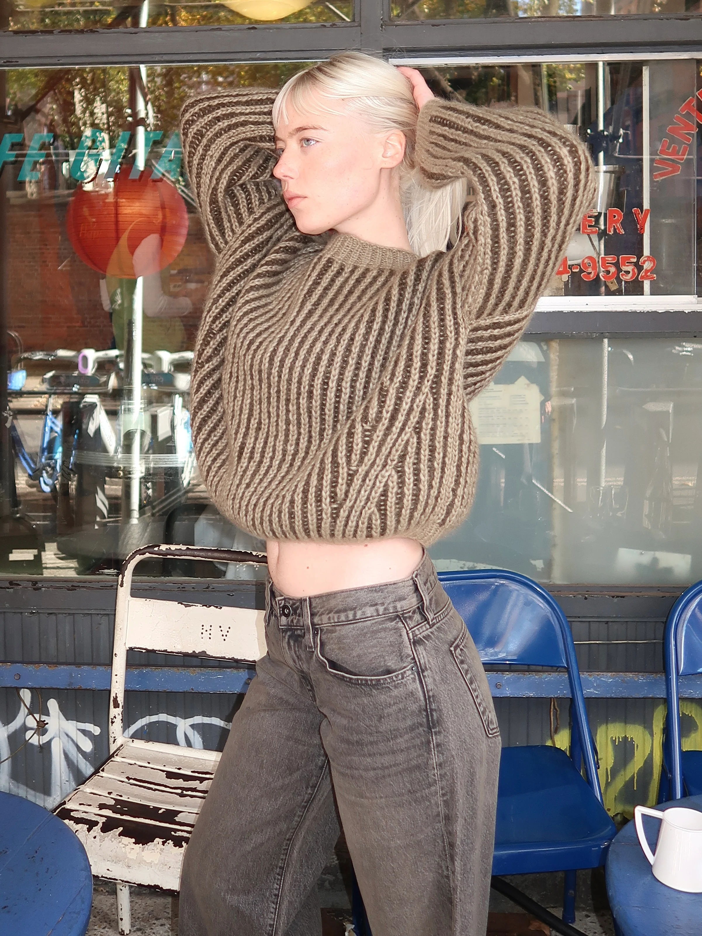 Chunky Alpaca Two Tone Brioche Pullover in Olive - Image 2