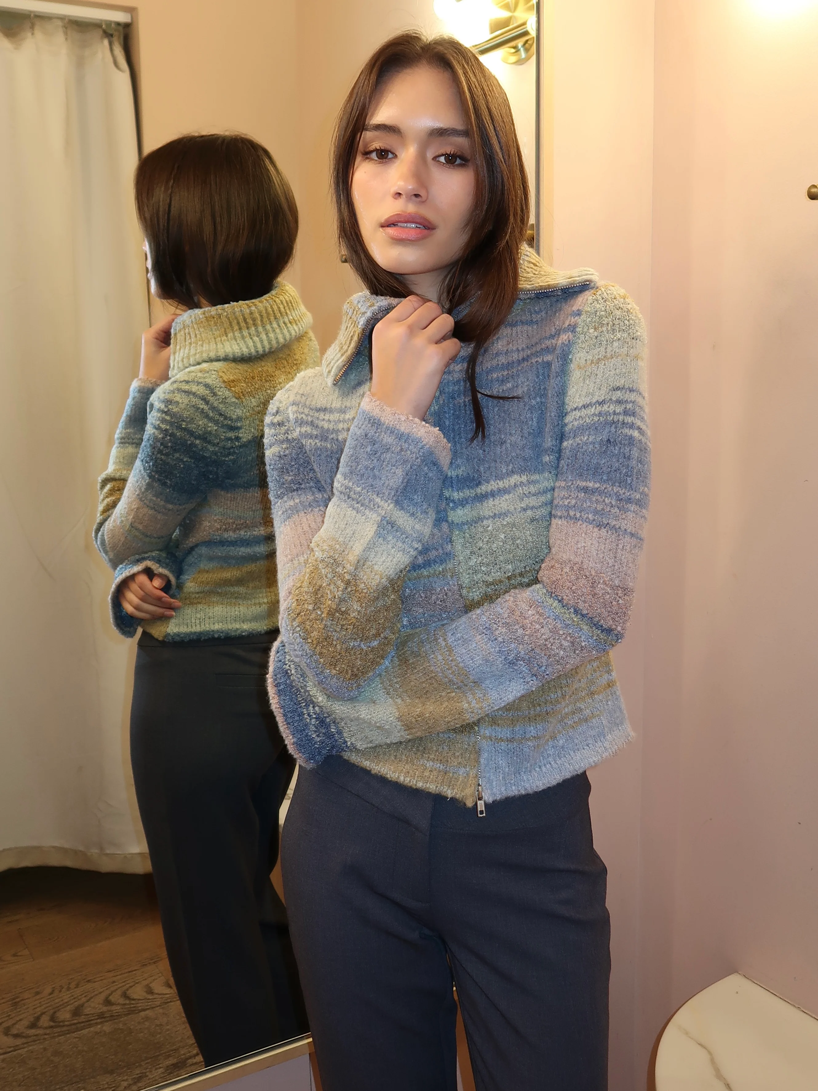 Danielle Knit Zip Up in Multi Olive - Image 2