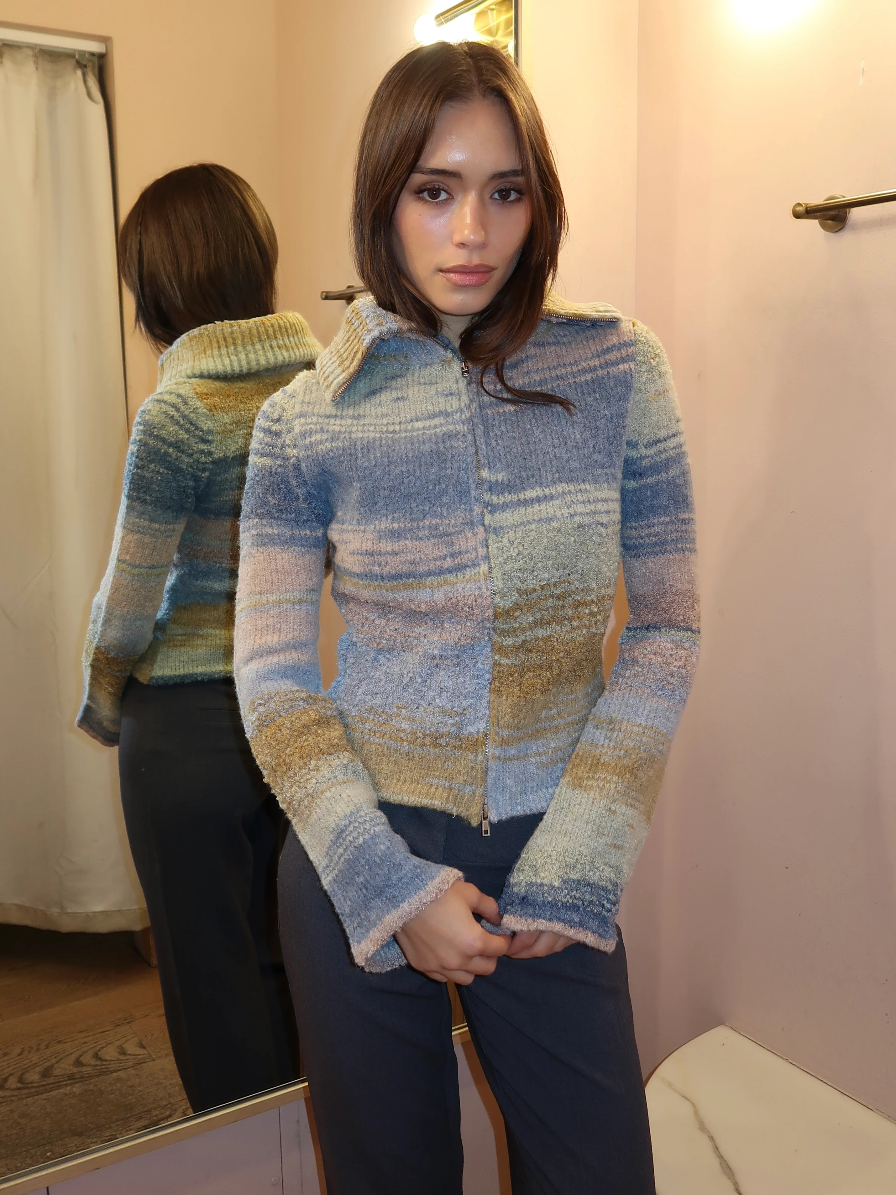 Danielle Knit Zip Up in Multi Olive - Image 4