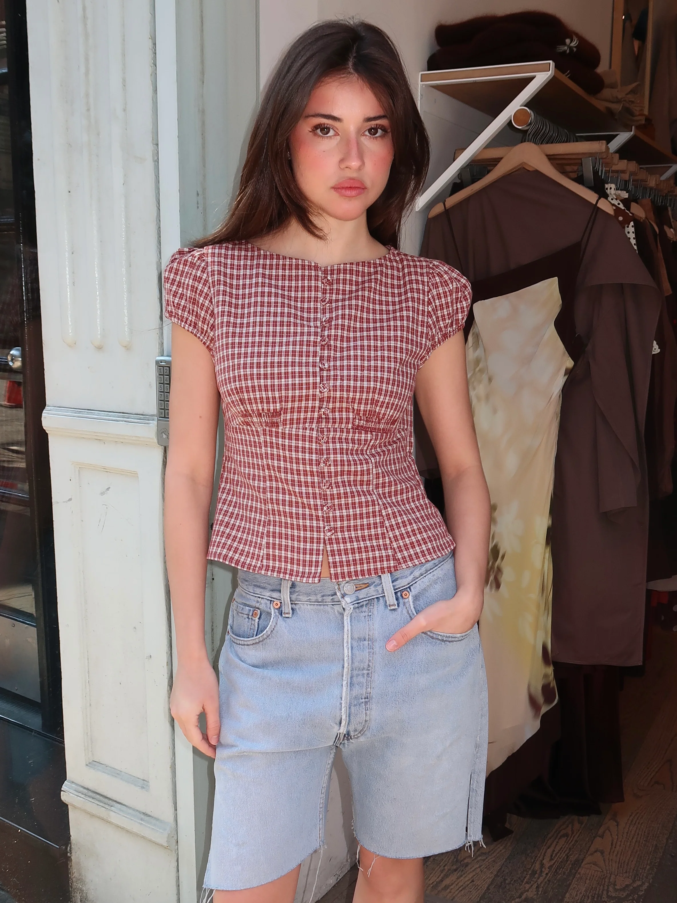 Daris Button Up in Gingham Red