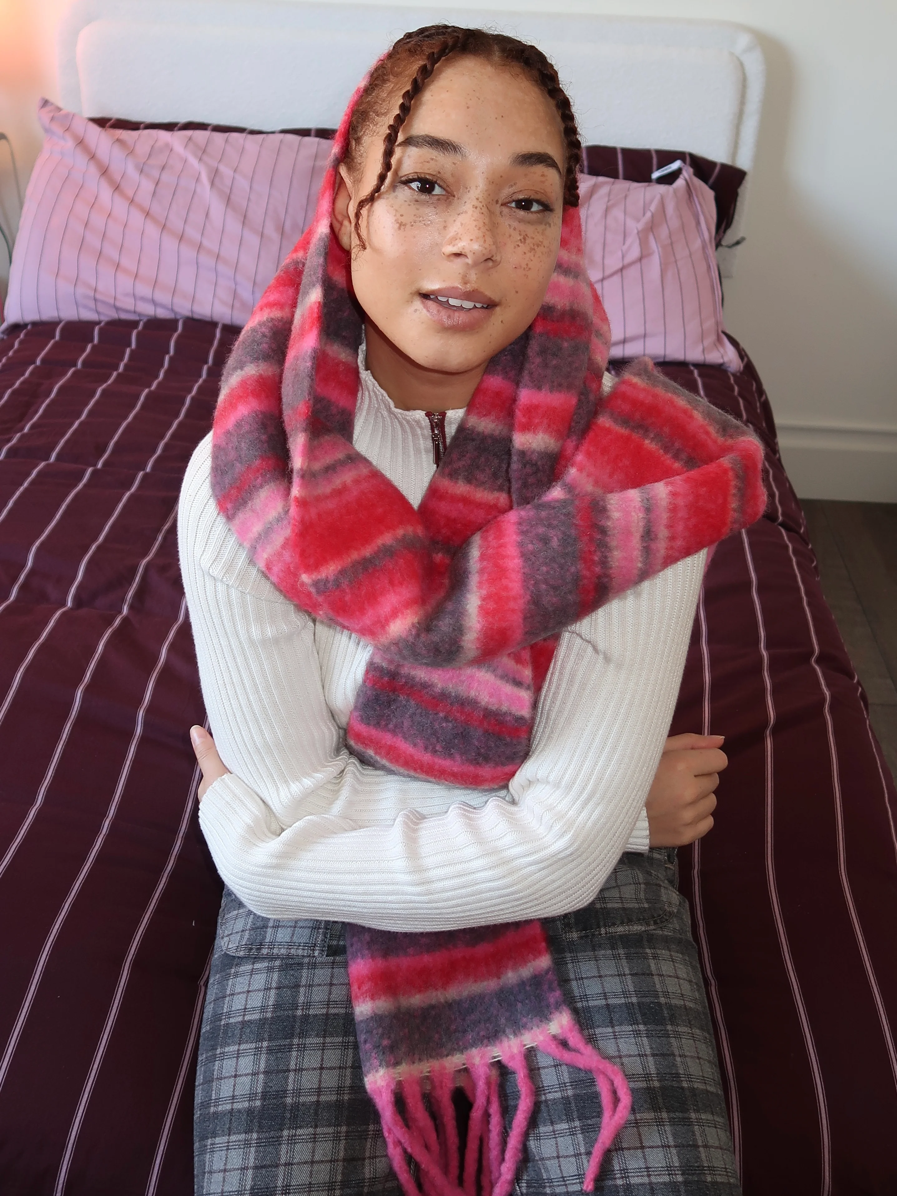 DM Fluffy Scarf in Pink Pop Stripe Pink - Image 2