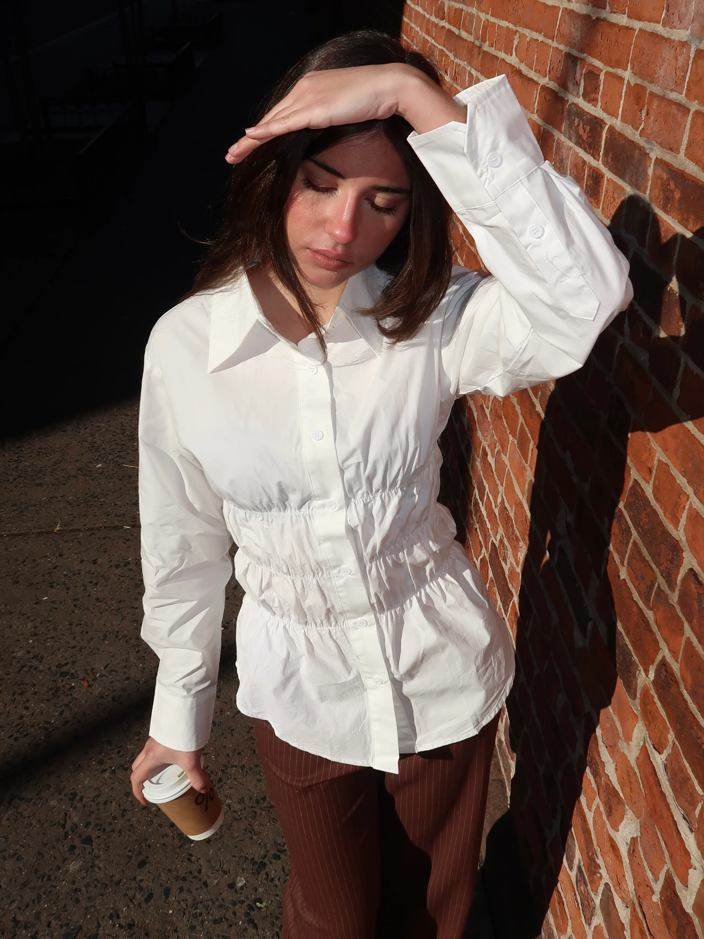 Effie Ruched Long Sleeve Shirt in White - Image 2