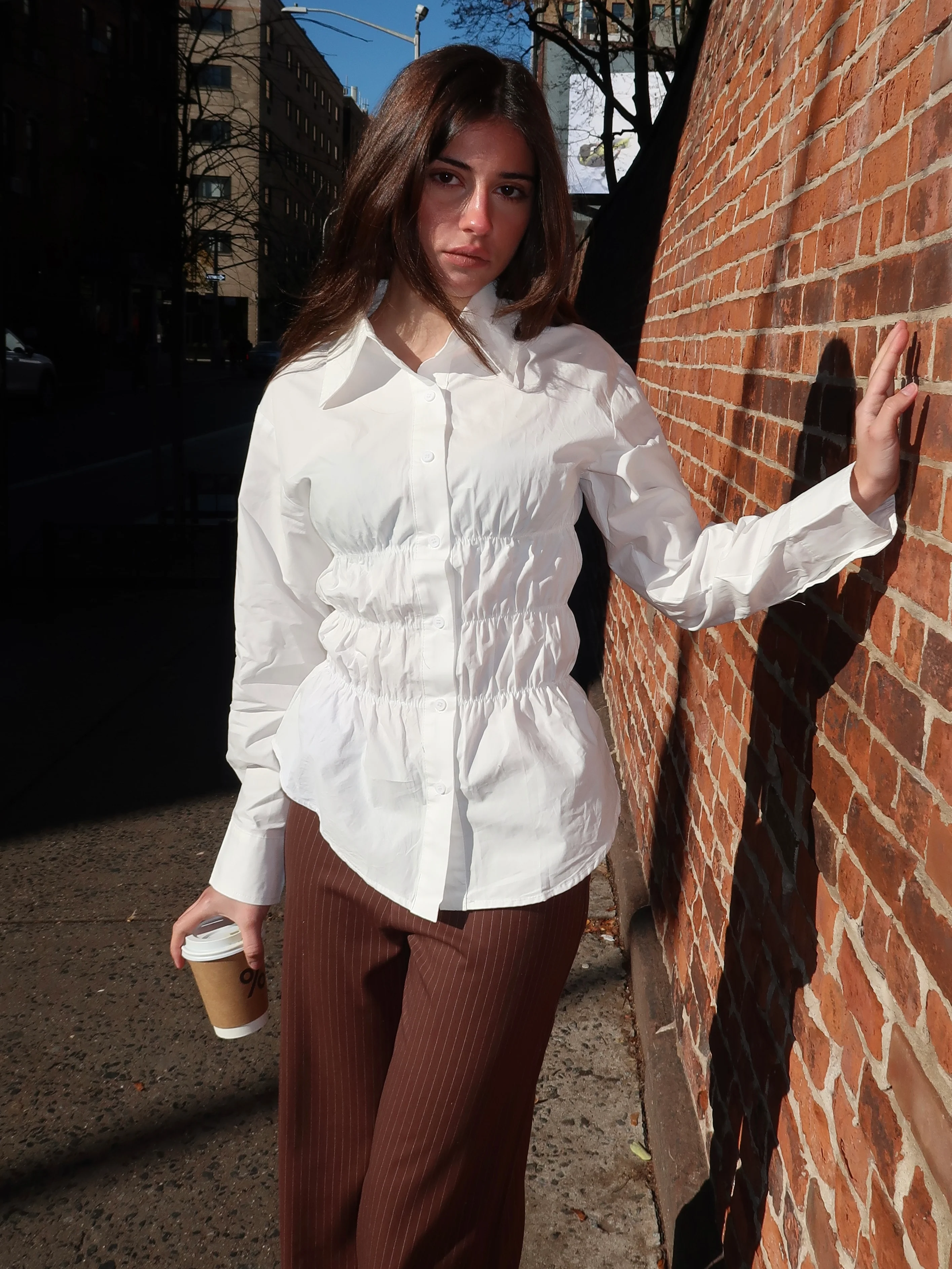 Effie Ruched Long Sleeve Shirt in White - Image 4