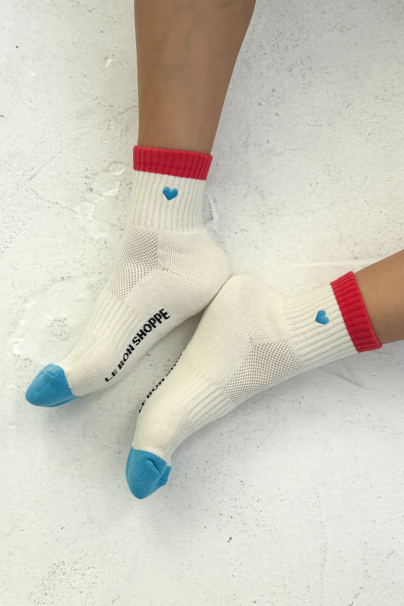 Embroidered Color Block Girlfriend Socks in Blue Red + Heart - Image 2
