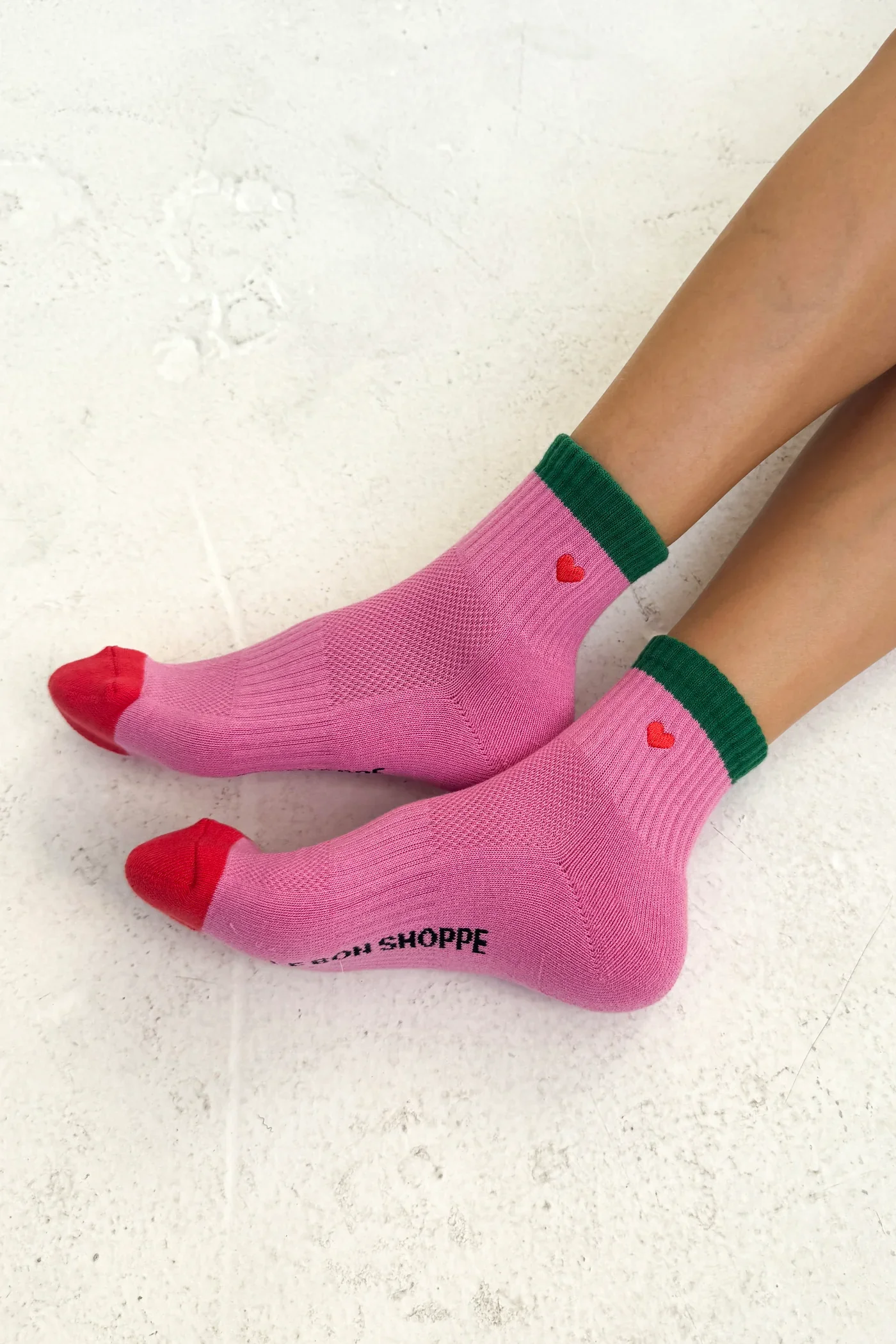 Embroidered Color Block Girlfriend Socks in Rose Green + Heart - Image 2