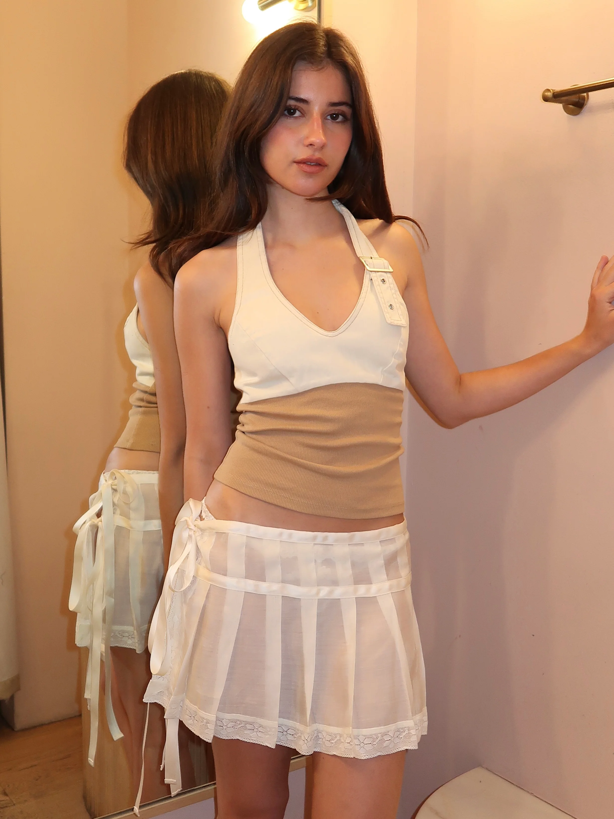 Evie Buckle Halter Top in Cream + Tan - Image 4