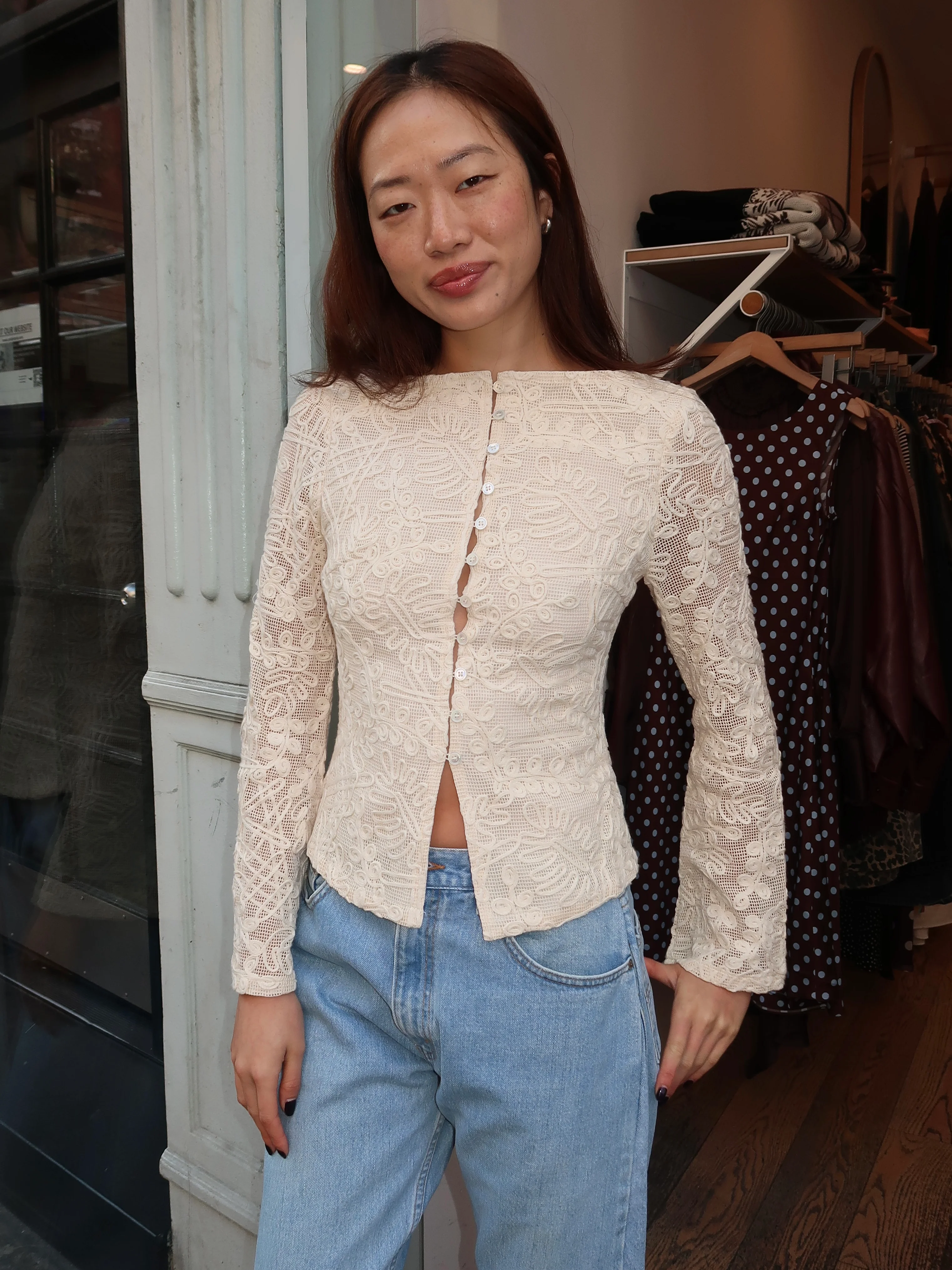 Evora Button Up in Crochet Beige - Image 2