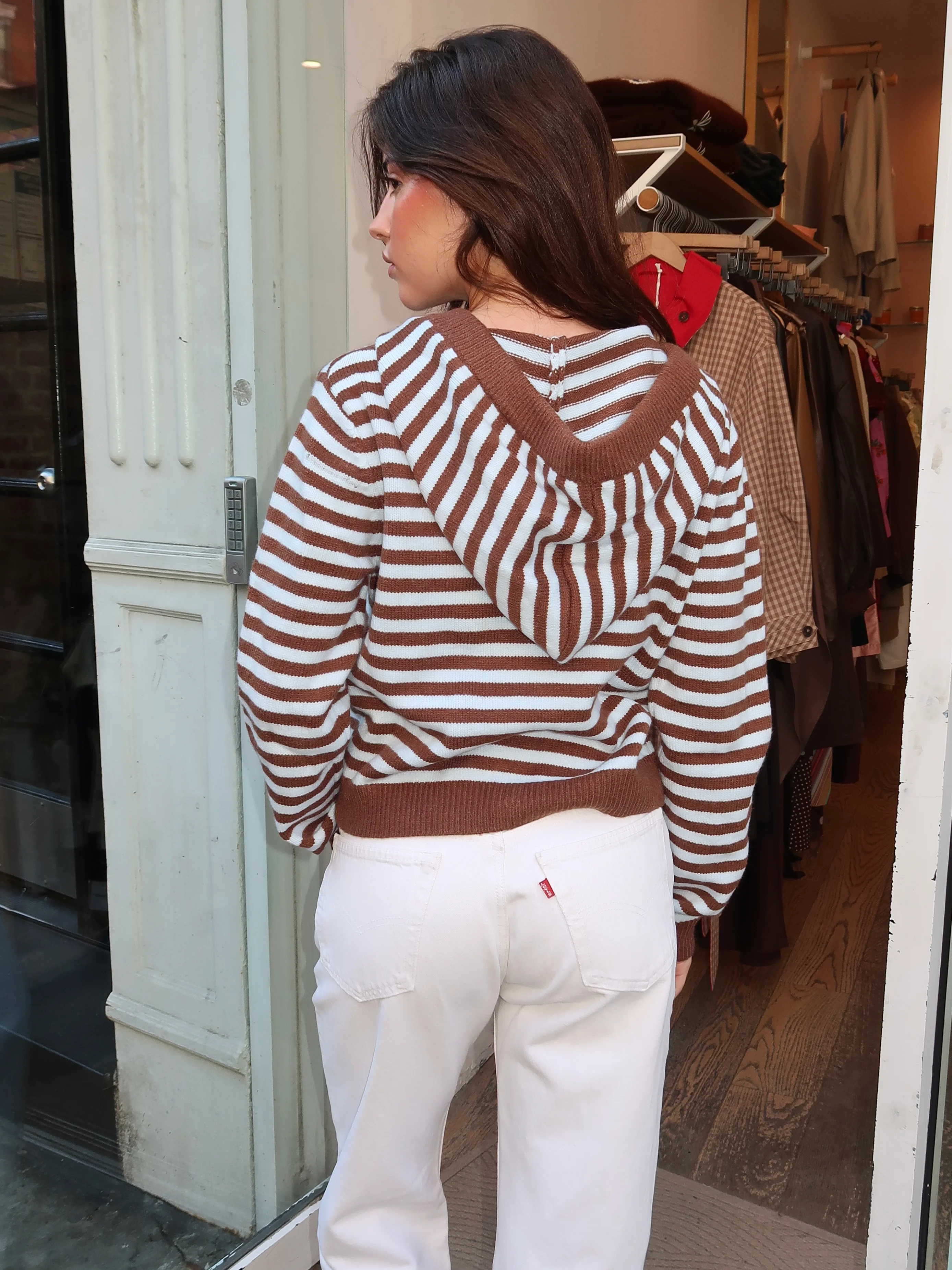 Farrah Hoodie Cardi in Striped Brown Multi - Image 3
