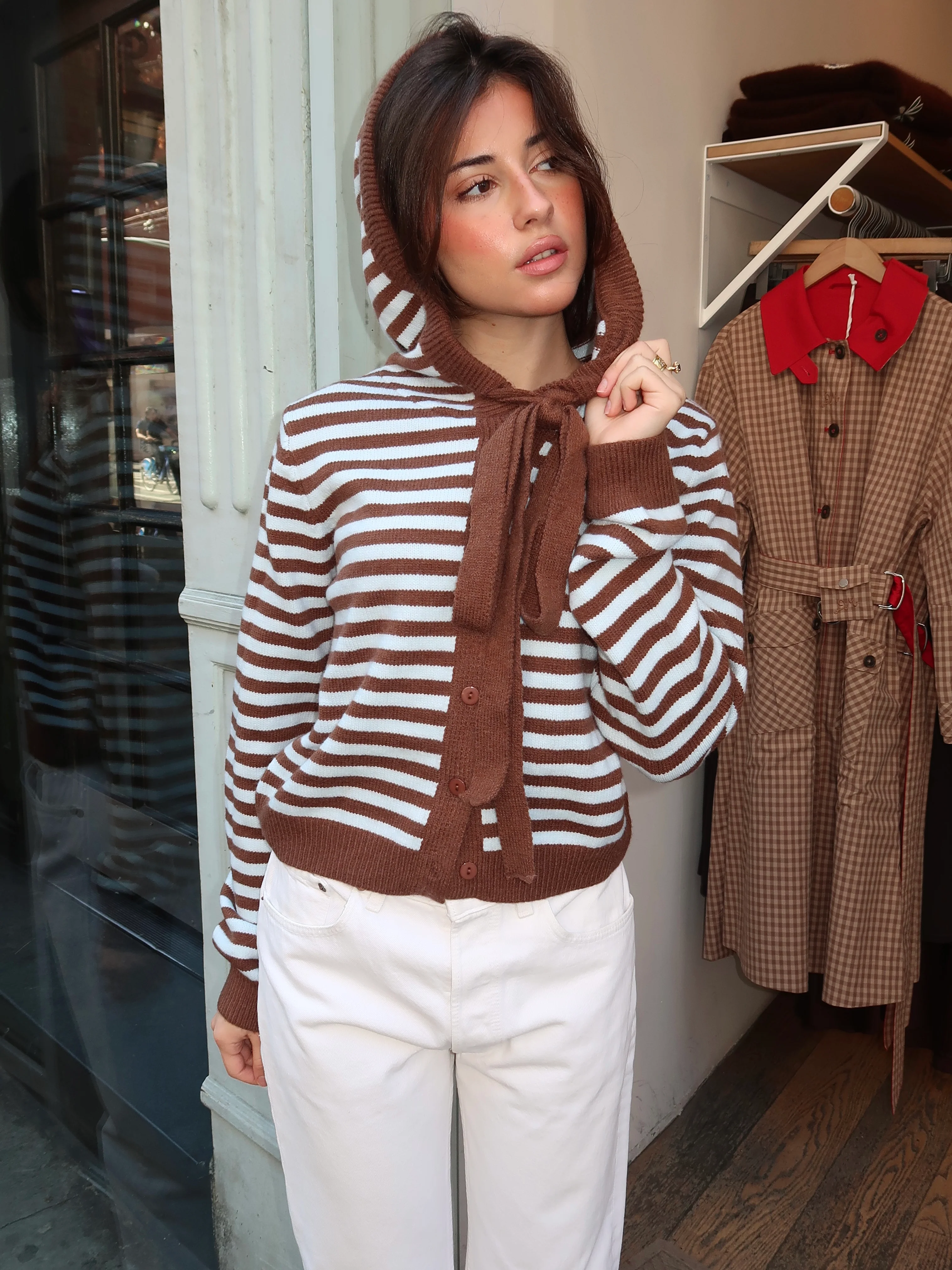 Farrah Hoodie Cardi in Striped Brown Multi - Image 4
