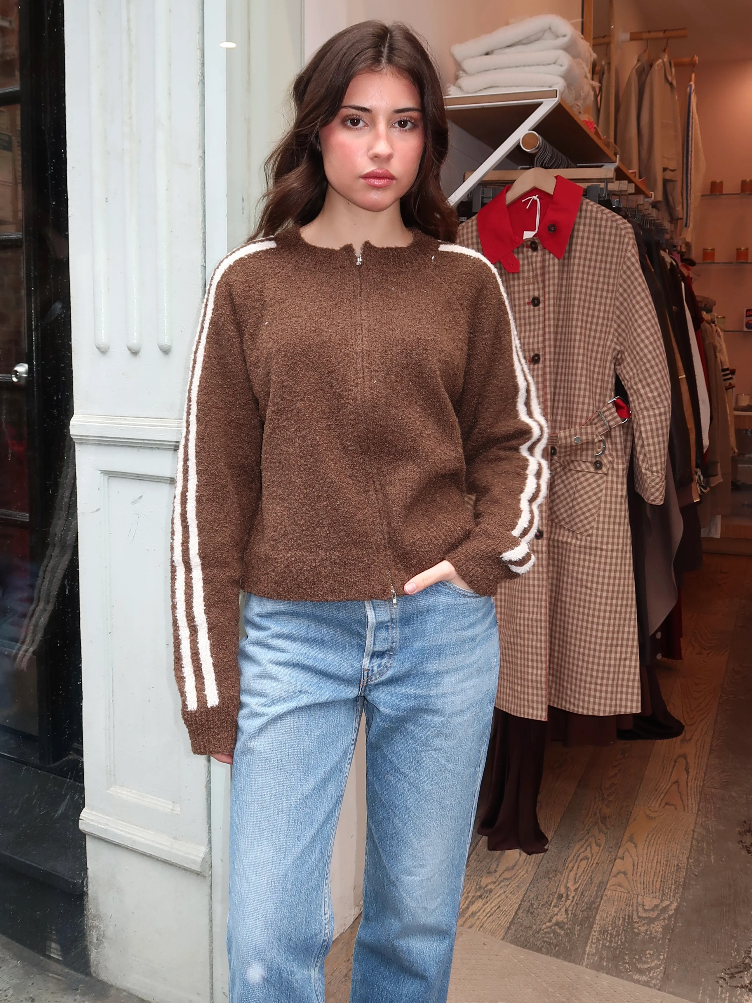 Finley Knit Zip Up Jacket in Brown