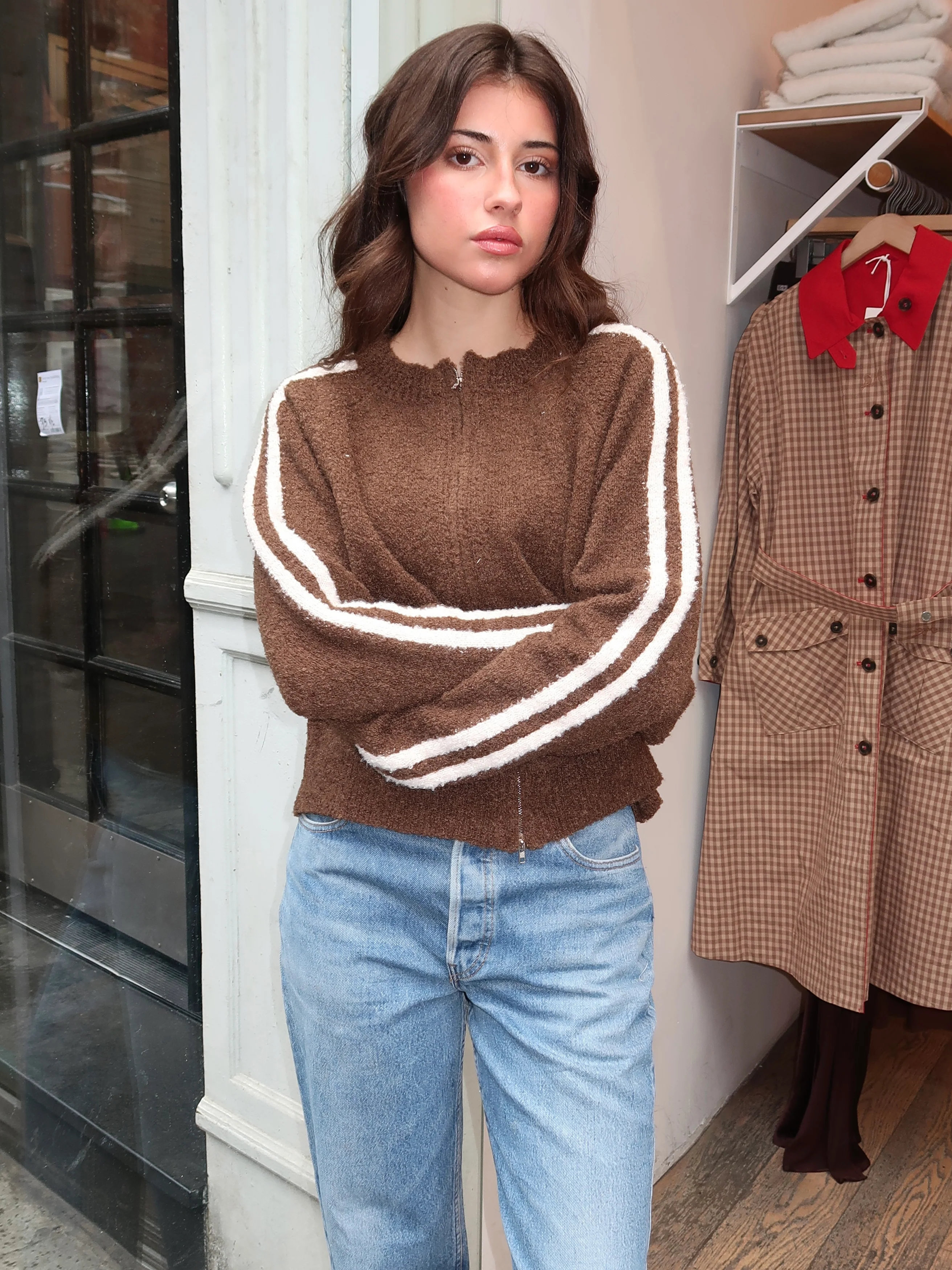 Finley Knit Zip Up Jacket in Brown - Image 2