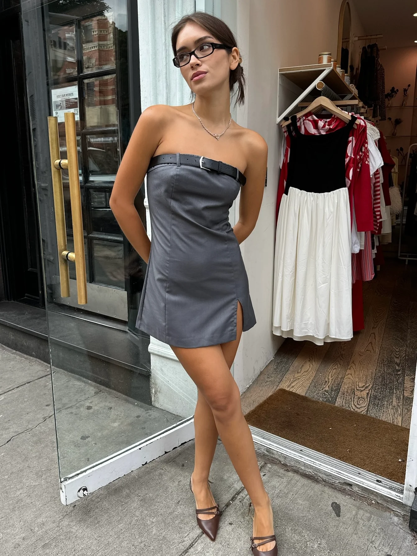 Greta Belt Tube Mini Dress in Grey - Image 5