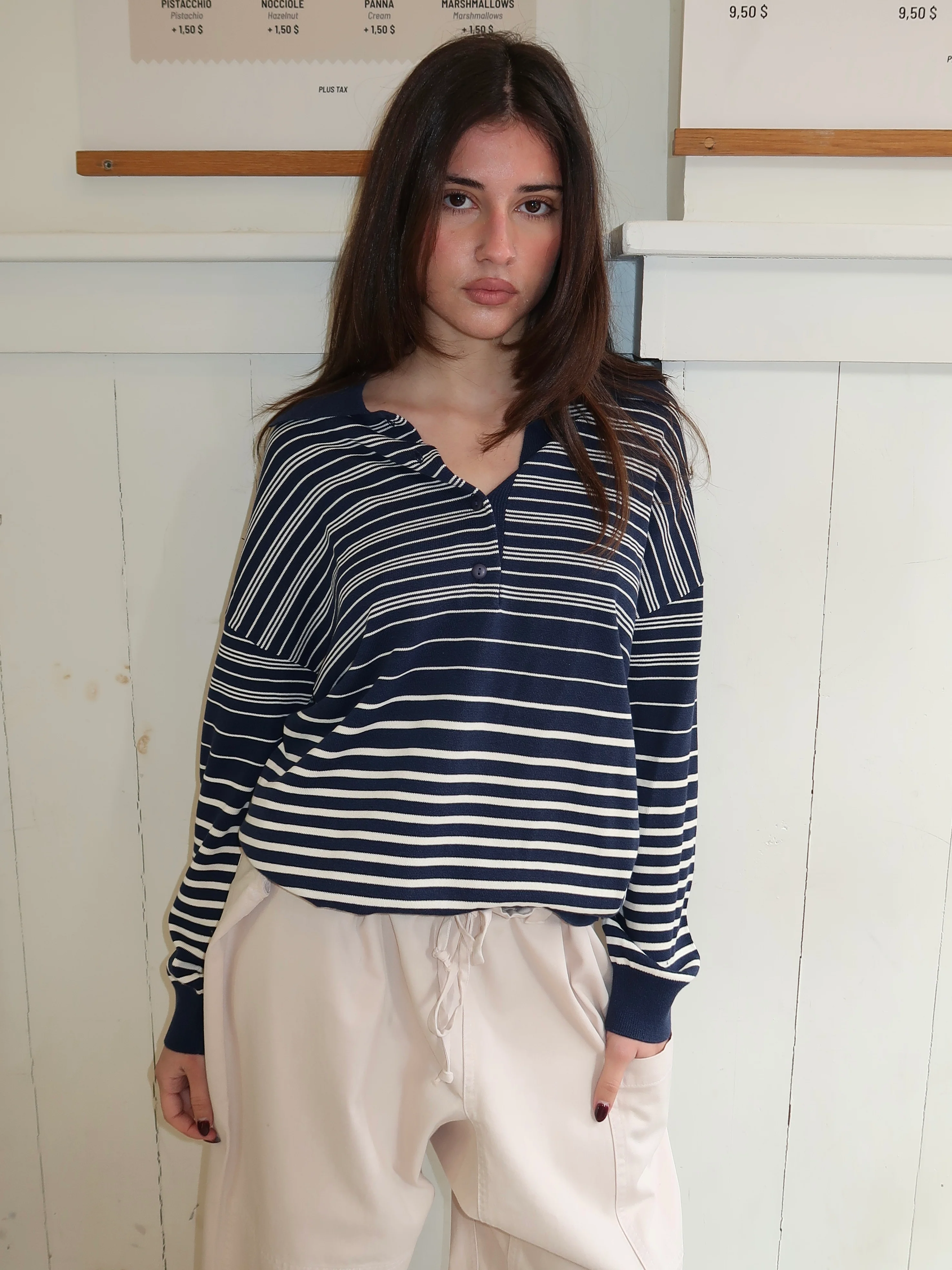 Harlow Oversized Polo in Scandi Stripe Navy Cream - Image 2
