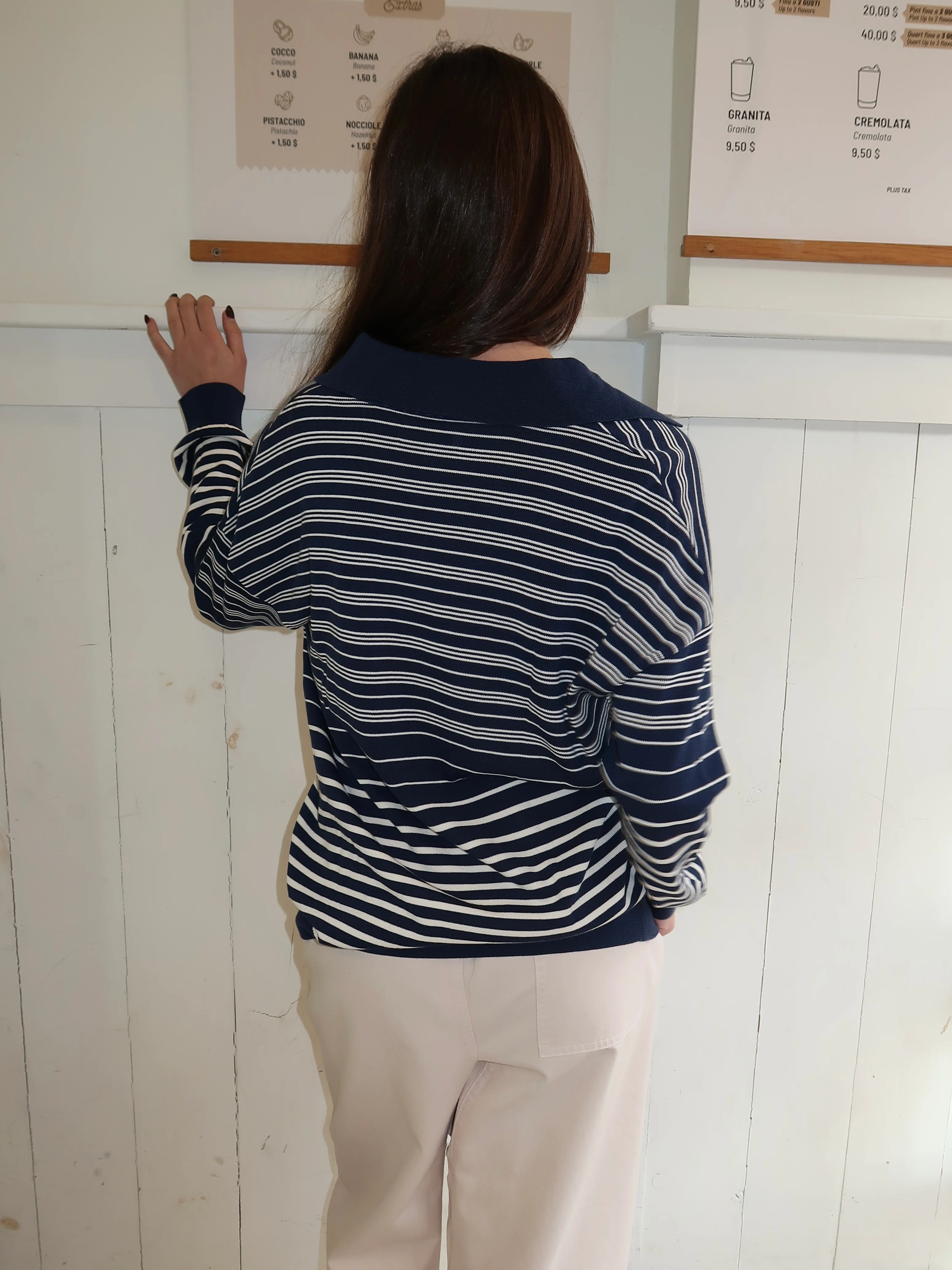 Harlow Oversized Polo in Scandi Stripe Navy Cream - Image 3