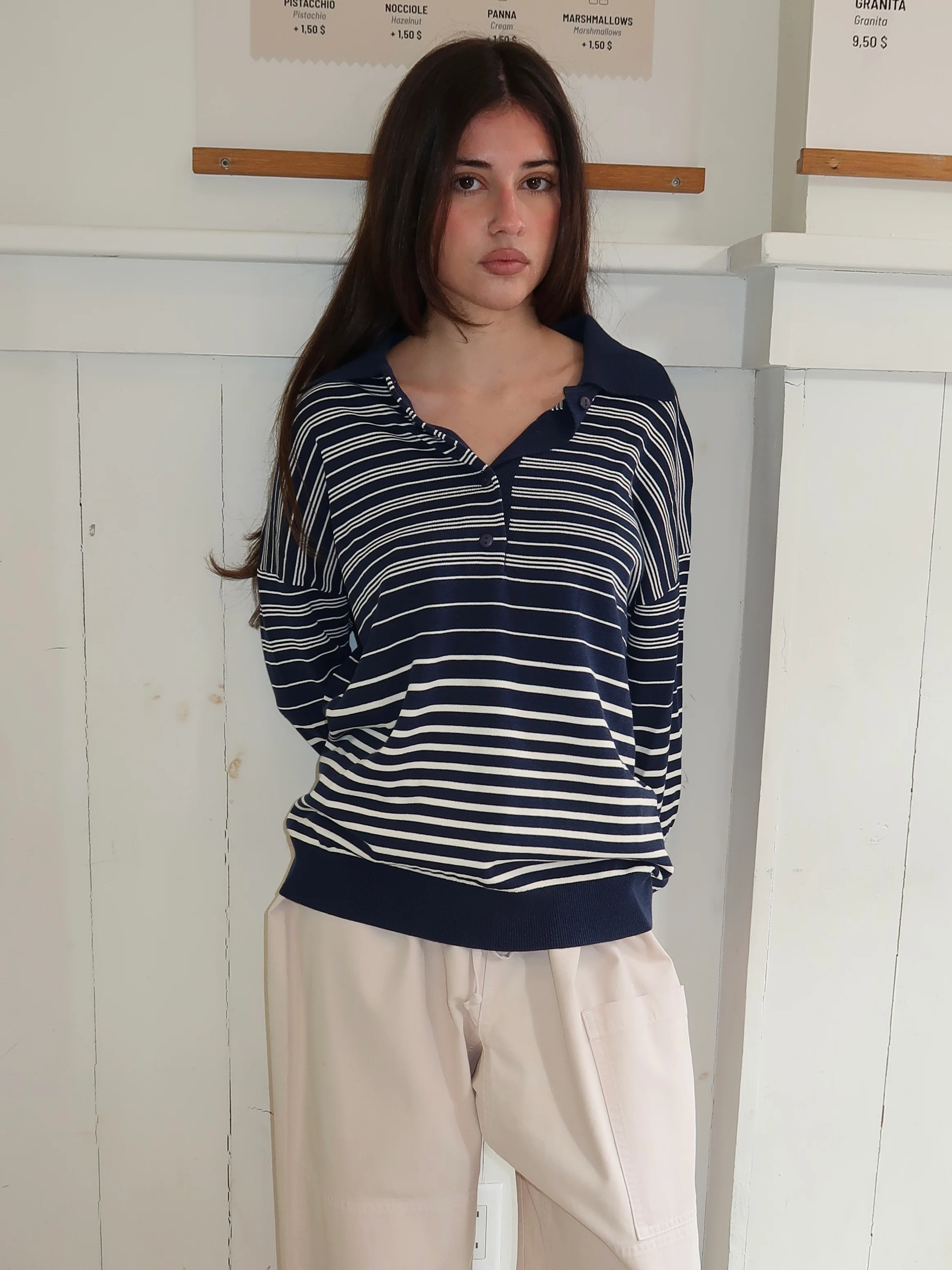 Harlow Oversized Polo in Scandi Stripe Navy Cream - Image 4