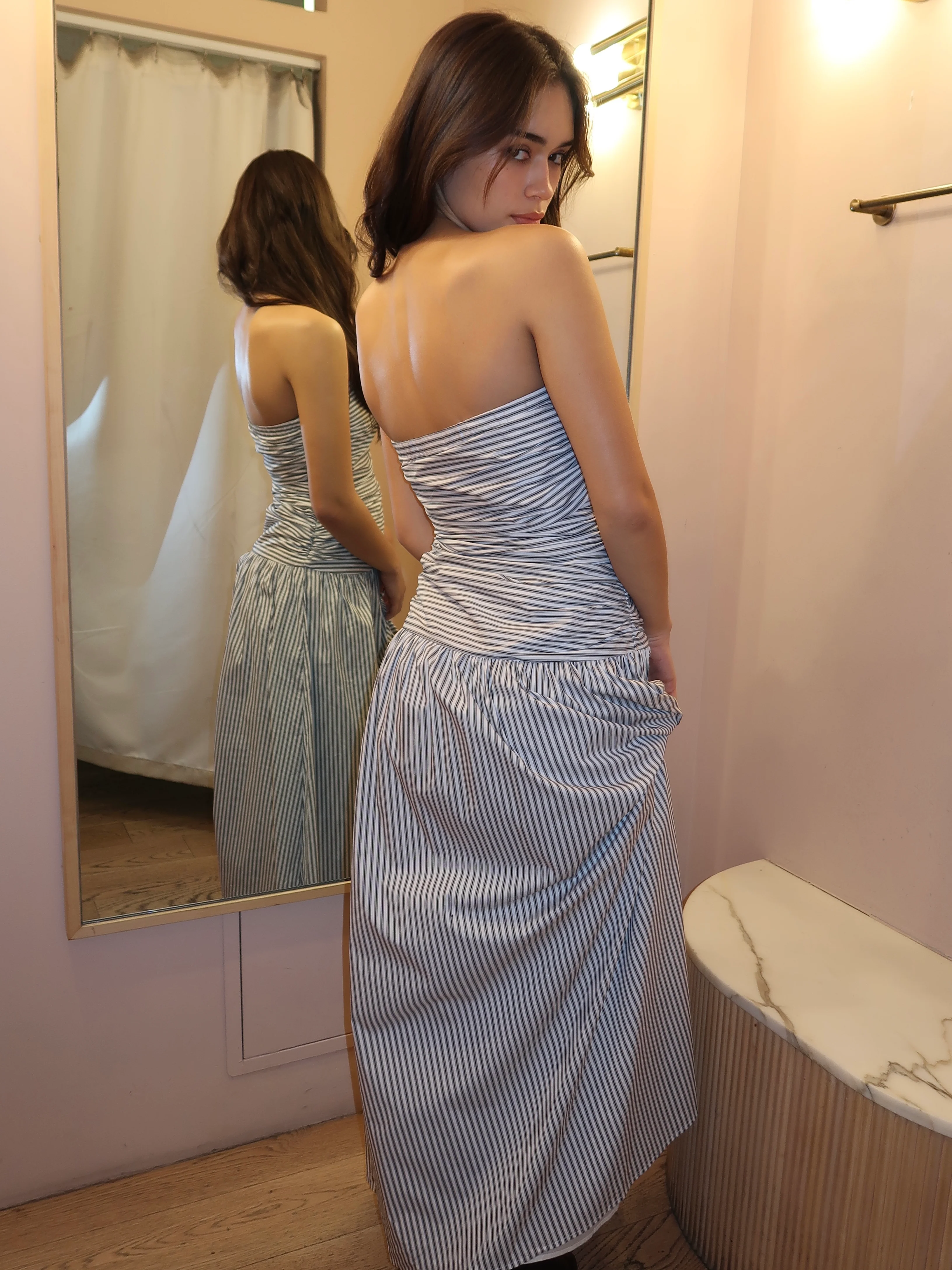 Haydon Strapless Midi Dress in Grey Stripe - Image 3