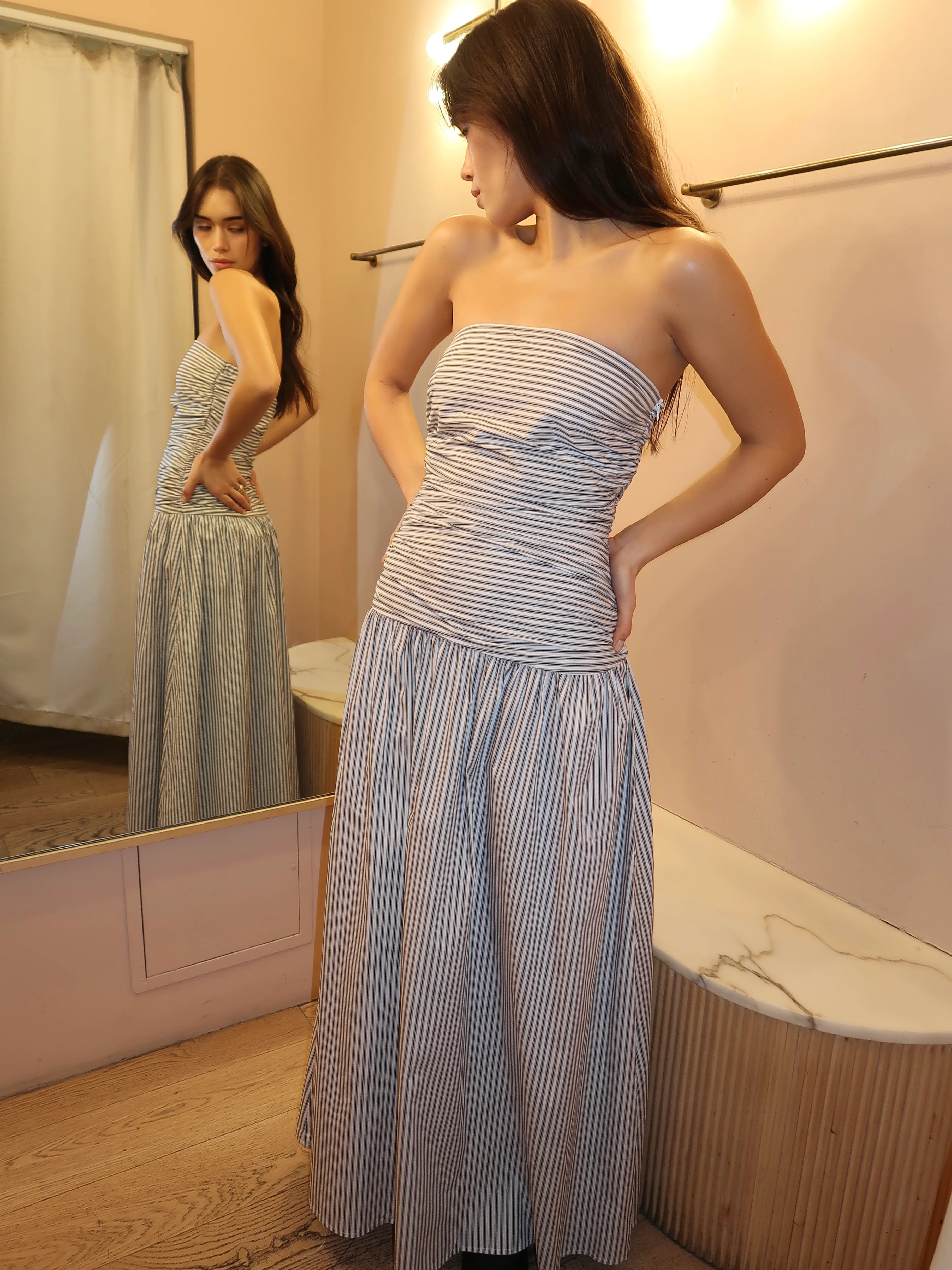 Haydon Strapless Midi Dress in Grey Stripe - Image 4