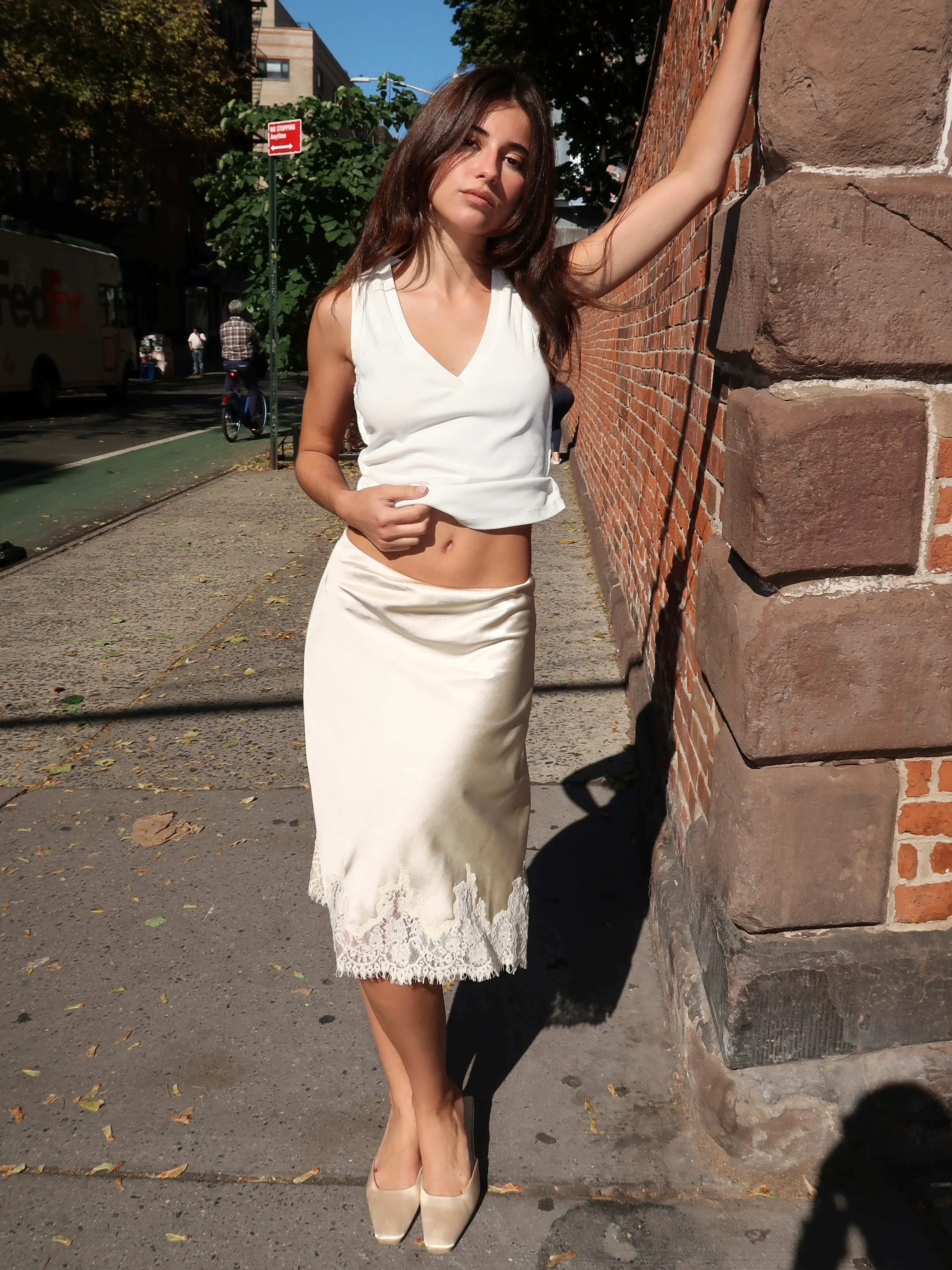 Irina Lace Trim Midi Skirt in Cream