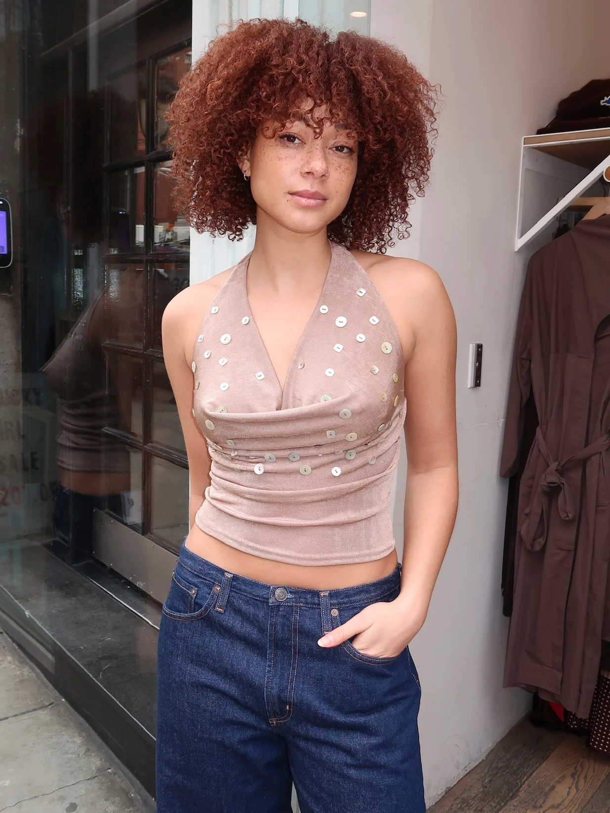 Jin Halter Top in Shell Button Beige - Image 4