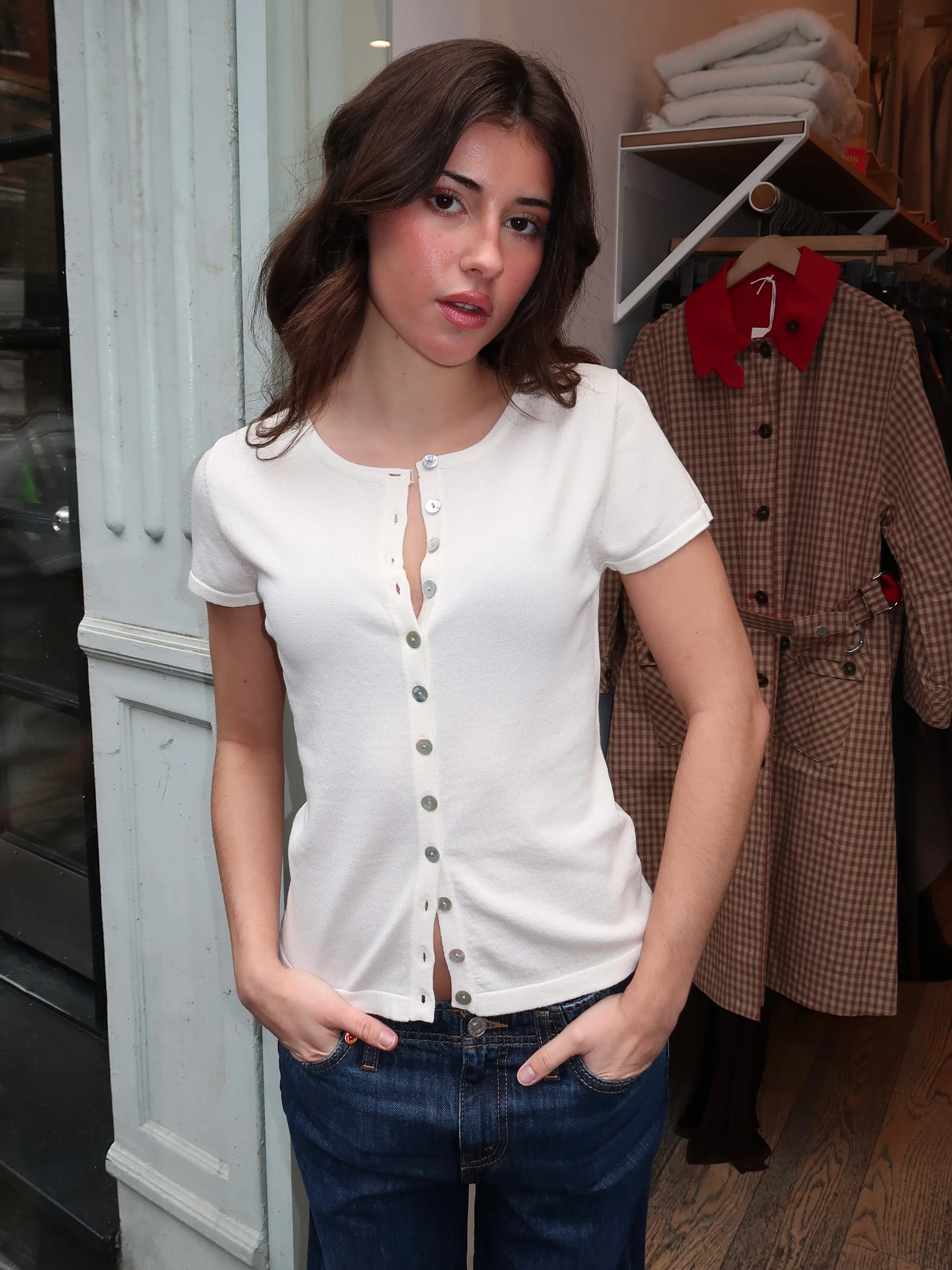 Jolly Knit Button Up Top in Ivory - Image 4