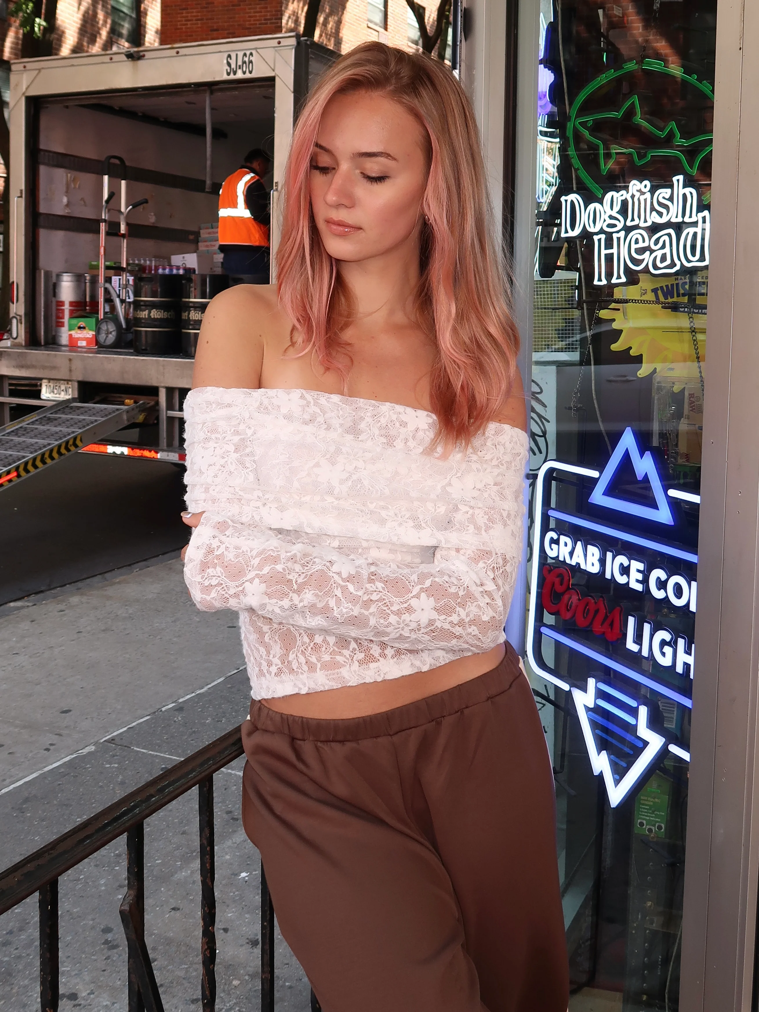 Long Sleeve Open Shoulder Lace Top in Off-White - Image 4