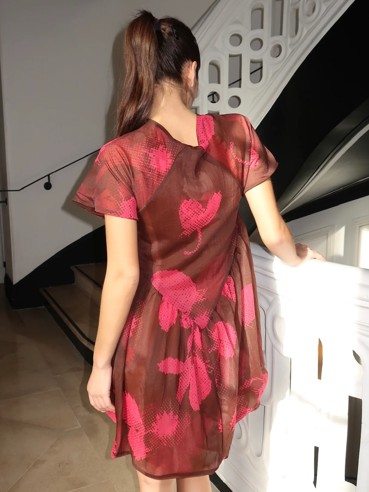 Loop Mesh Semi Sheer Printed Babydoll Dress in Brown & Pink Strawberry Blossom - Image 4