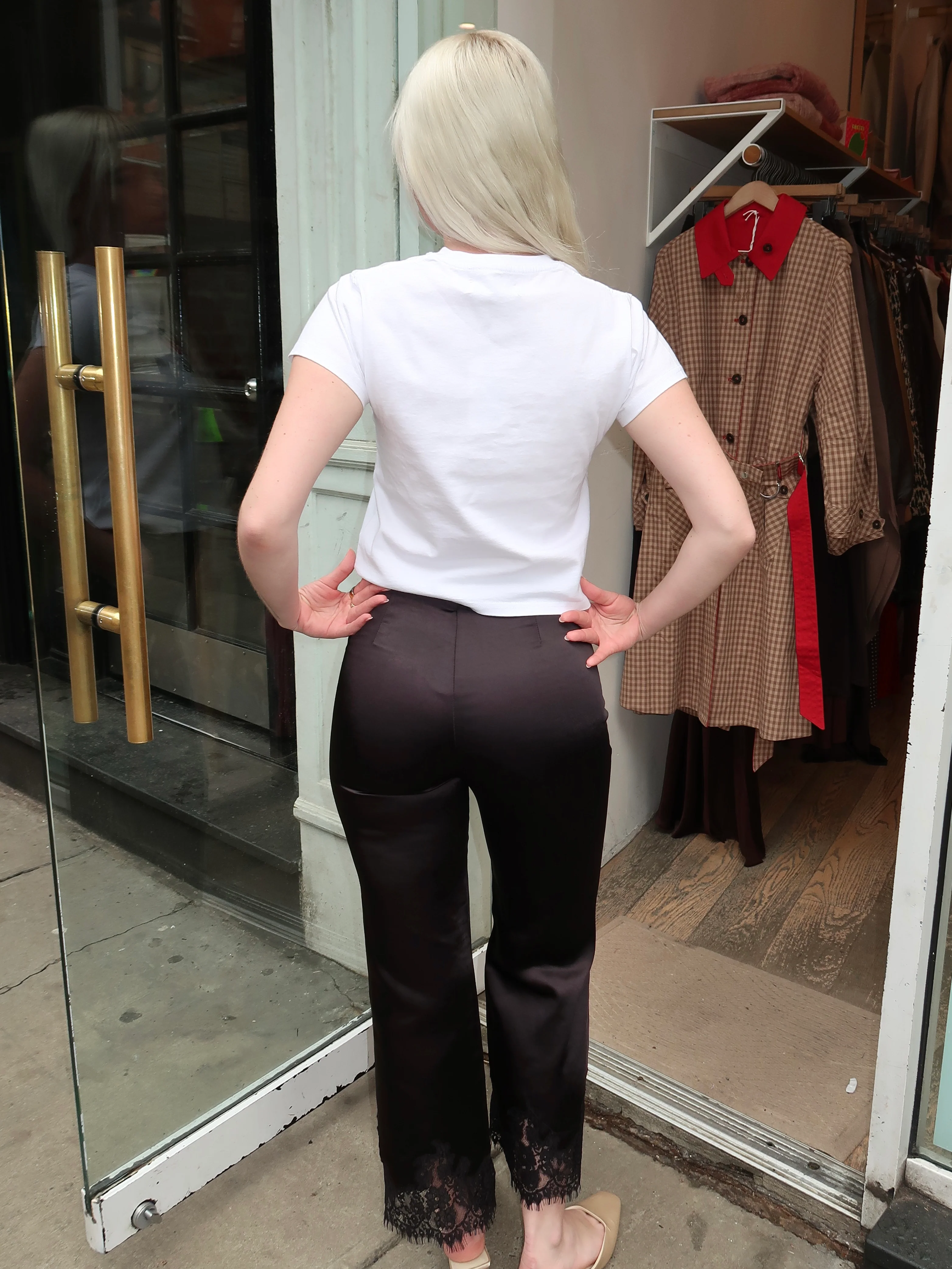 Lula Silky Lace Trim Pants in Black - Image 3