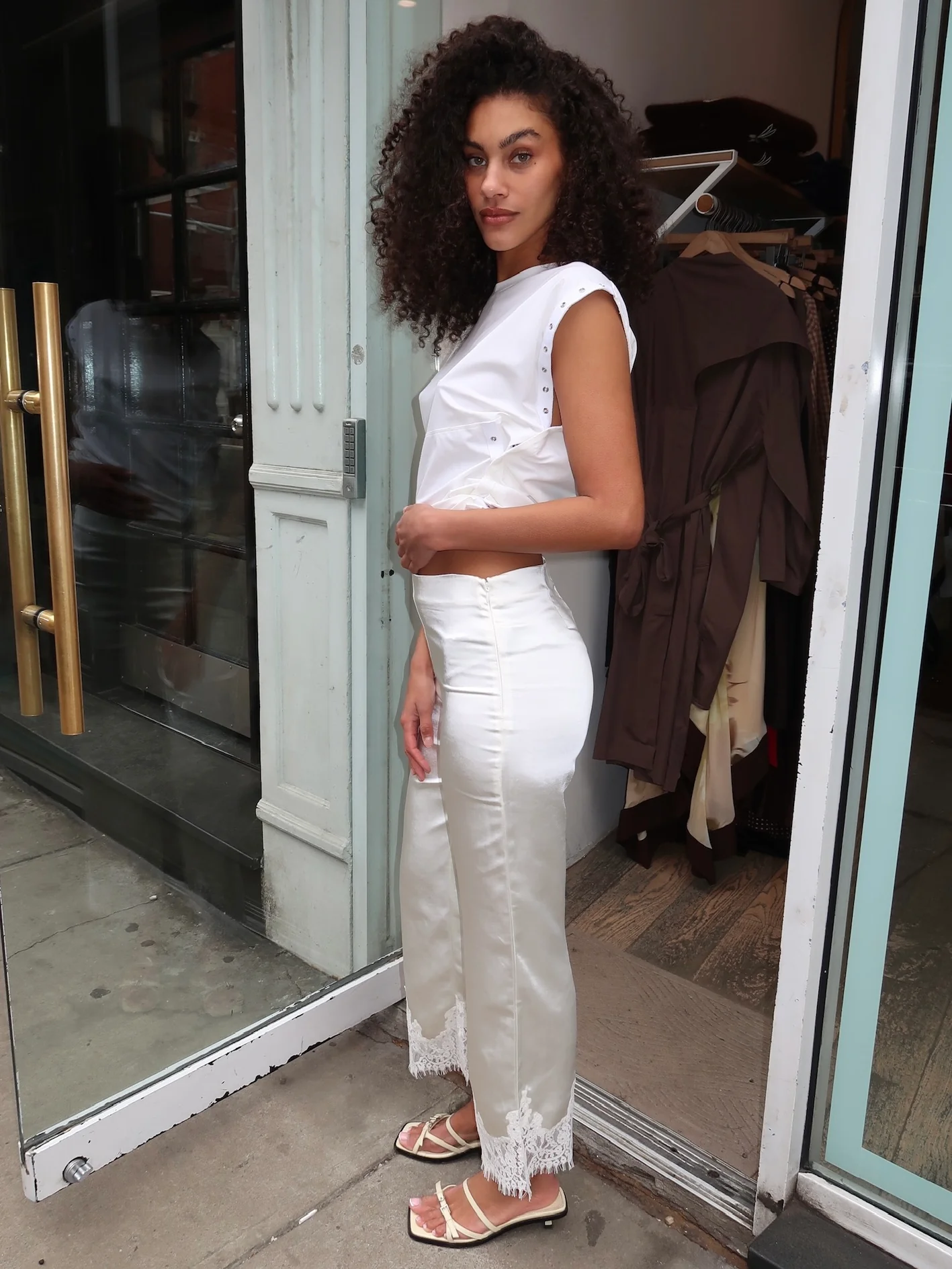 Lula Silky Lace Trim Pants in White - Image 2