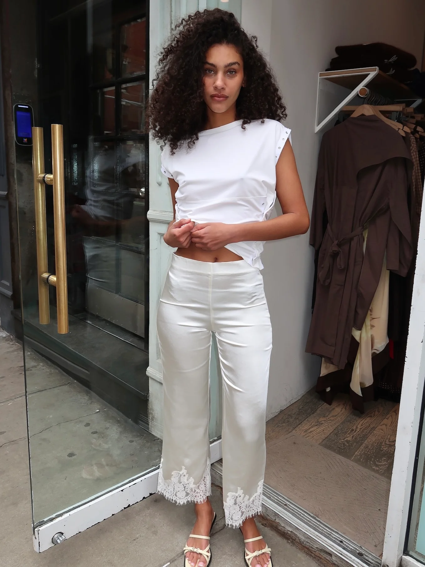 Lula Silky Lace Trim Pants in White - Image 4