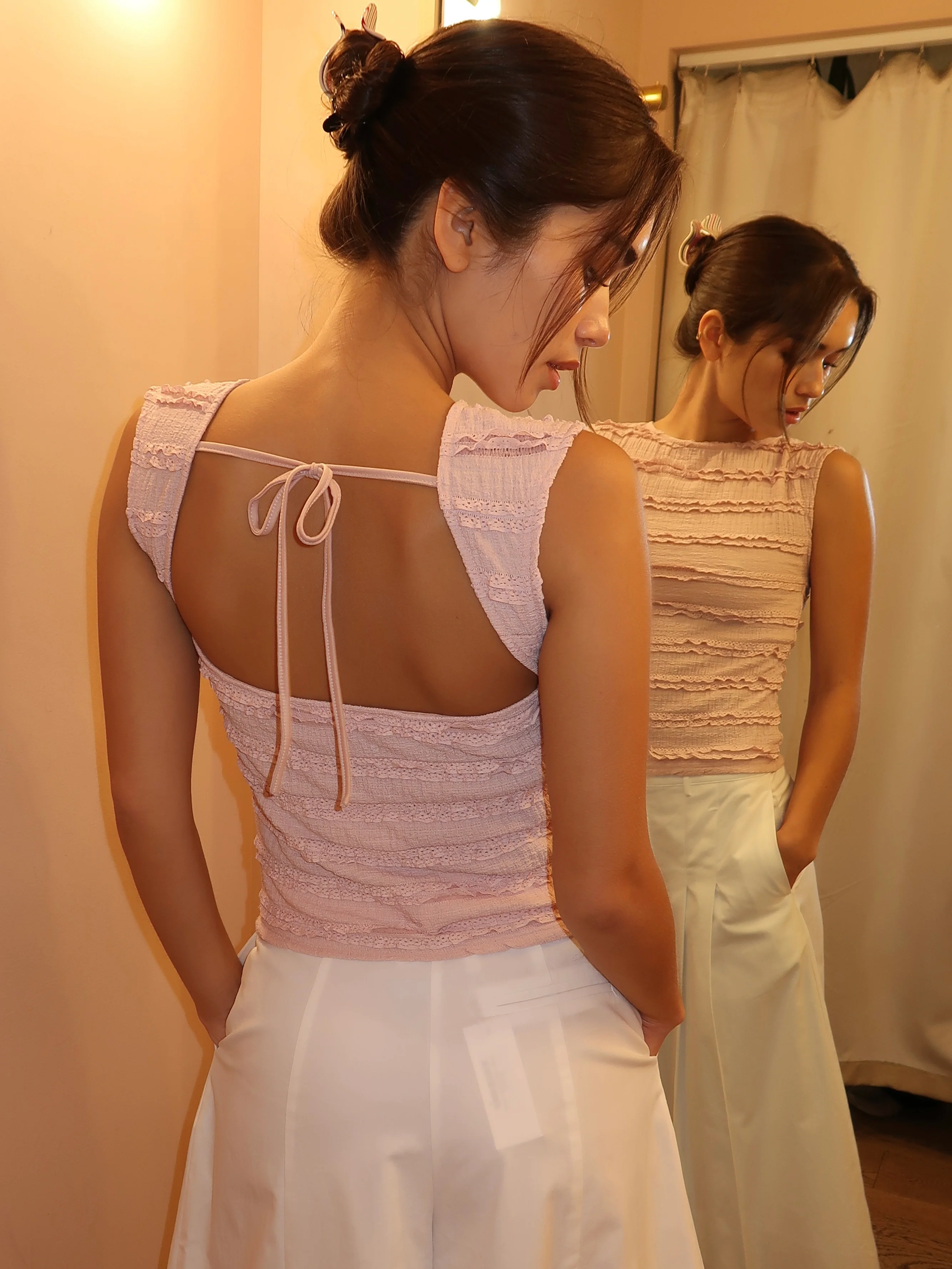 Lyla Lace Boat Neck Top in Dusty Pink - Image 3