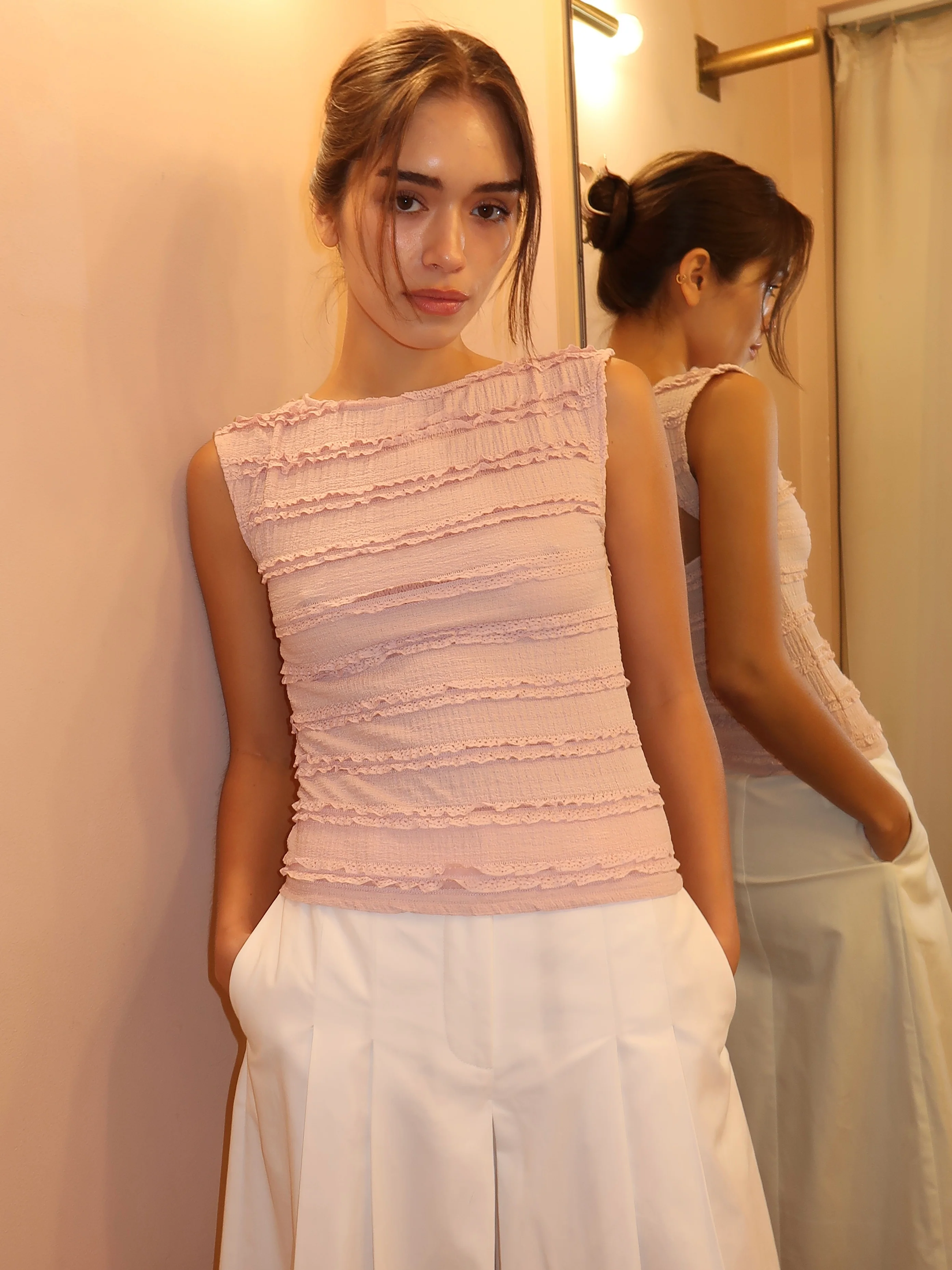 Lyla Lace Boat Neck Top in Dusty Pink - Image 4