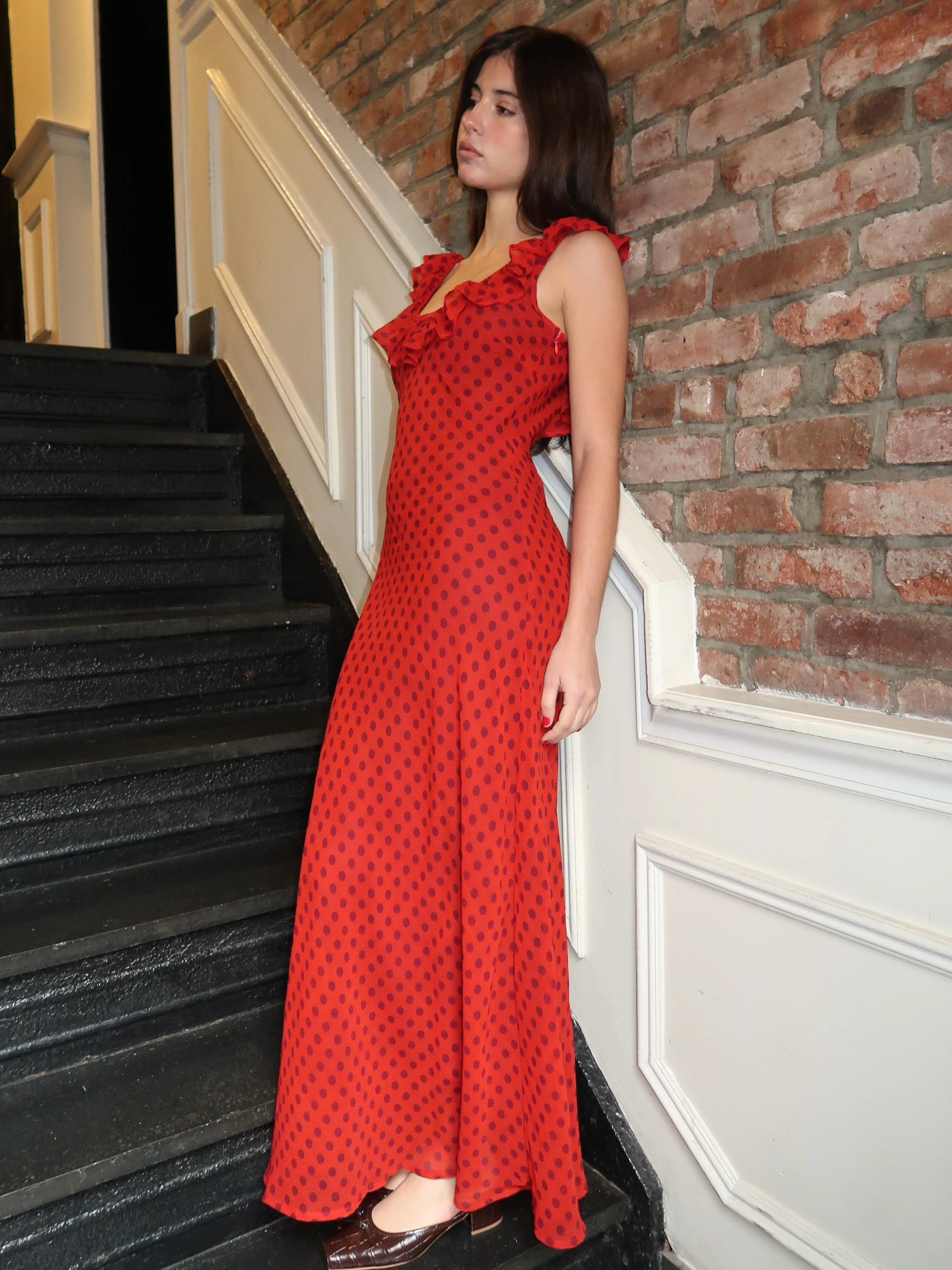 Lyra Ruffle Maxi Dress in Red Dot - Image 2