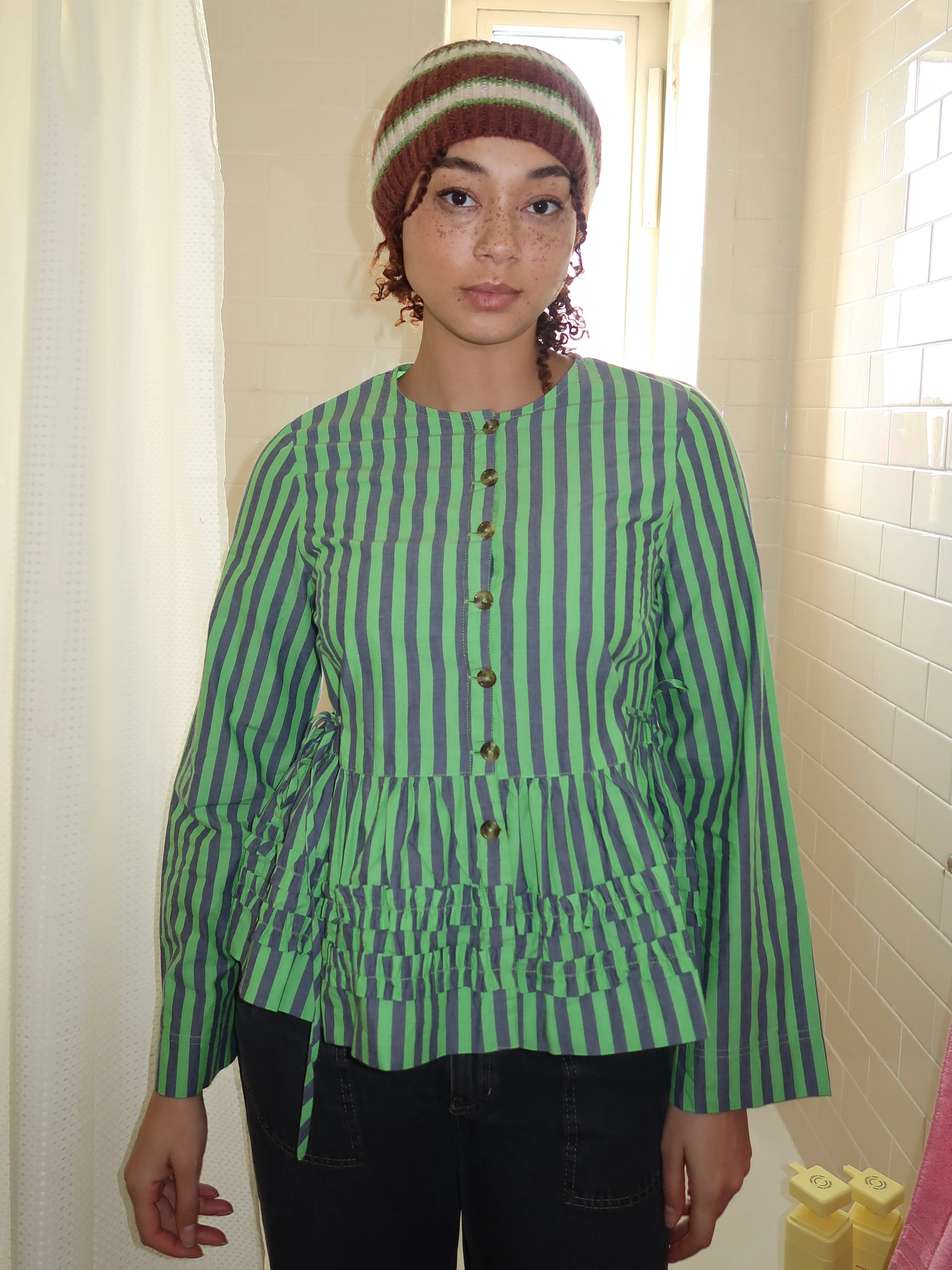 Madison Blouse in Navy Pop Green Stripe - Image 3