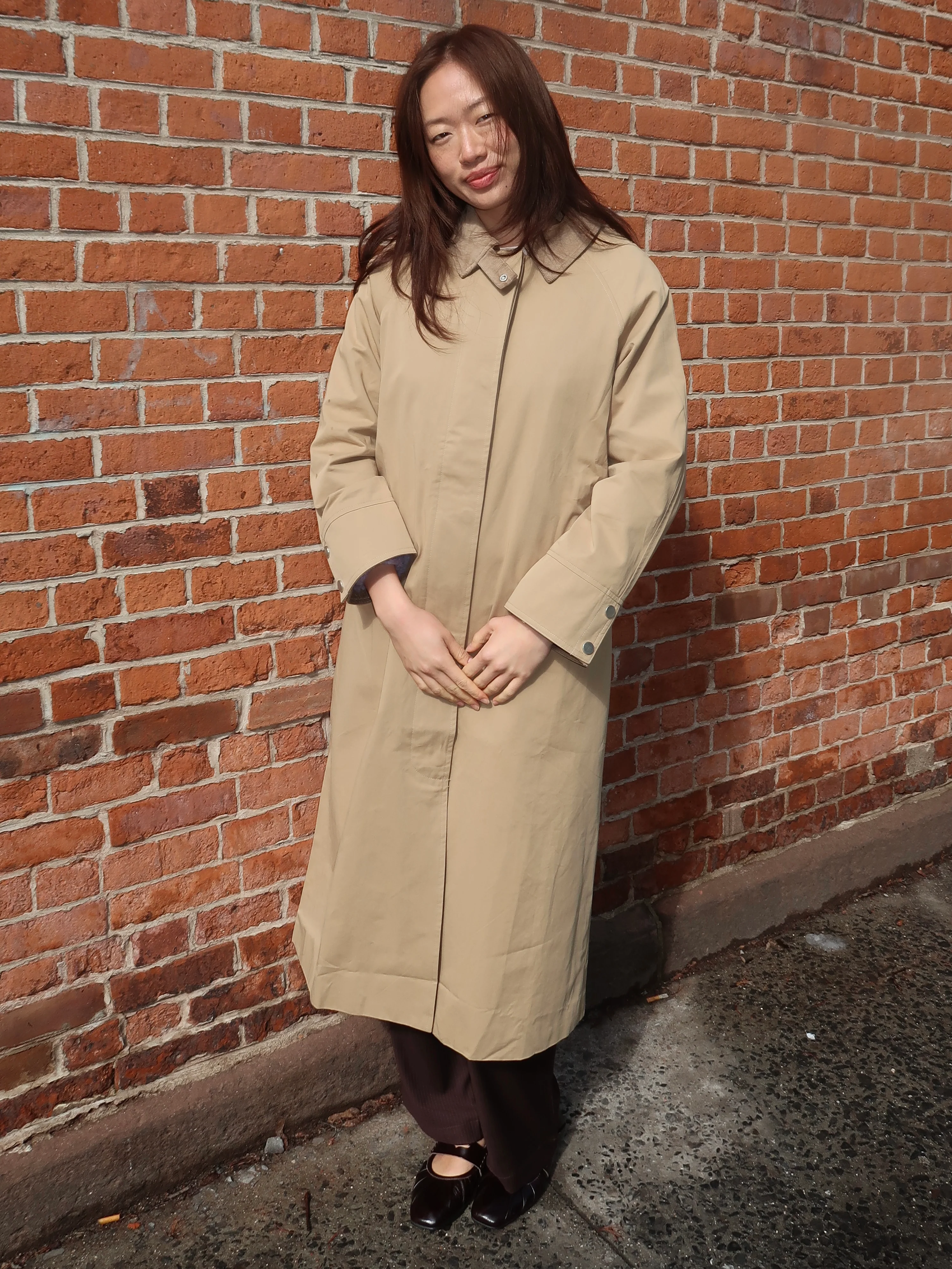 Melly Corduroy Collard Trench Coat in Khaki - Image 2