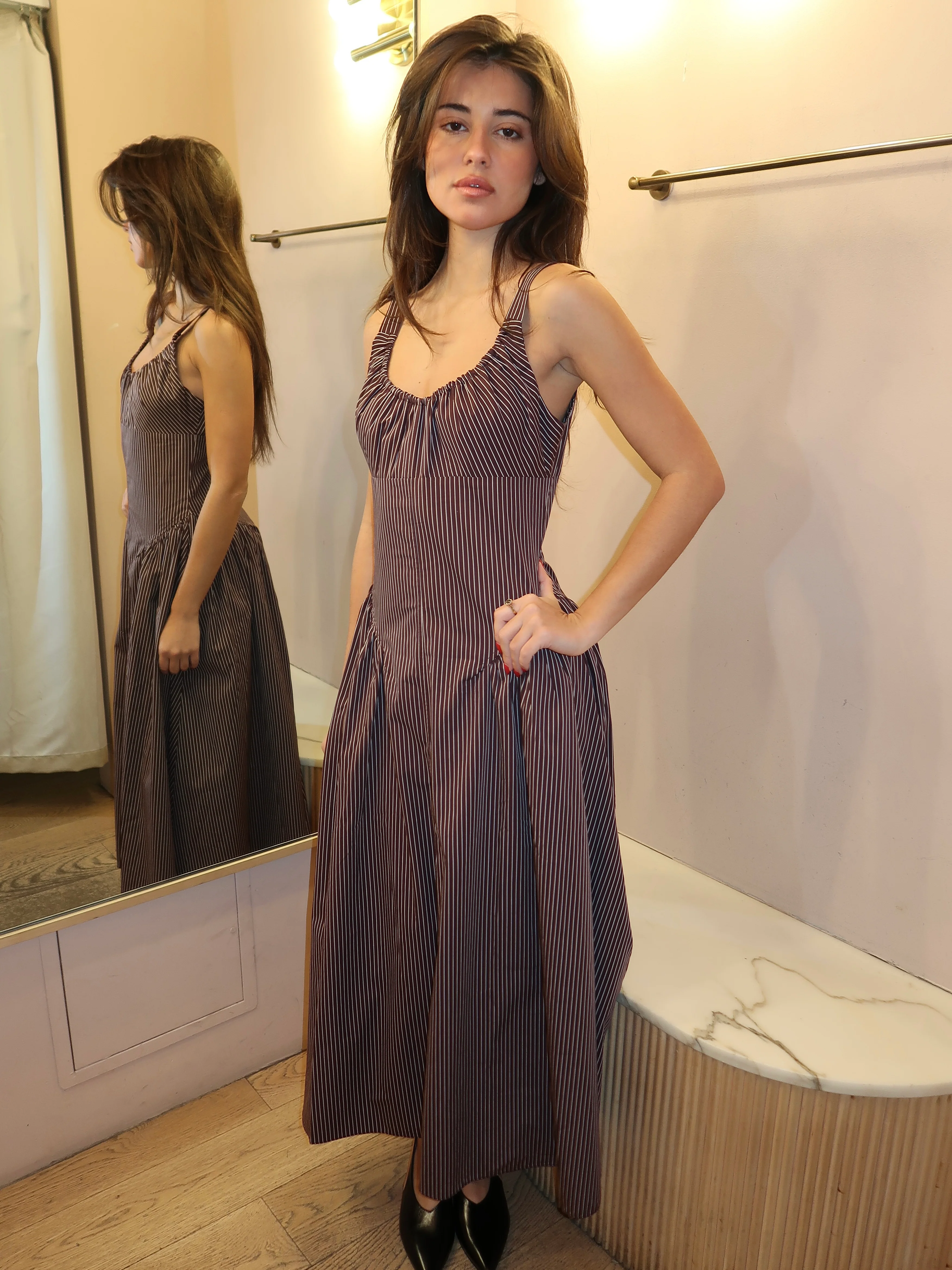 Olas Midi Dress in Rocio Pinstripe Chocolate Plum - Image 2