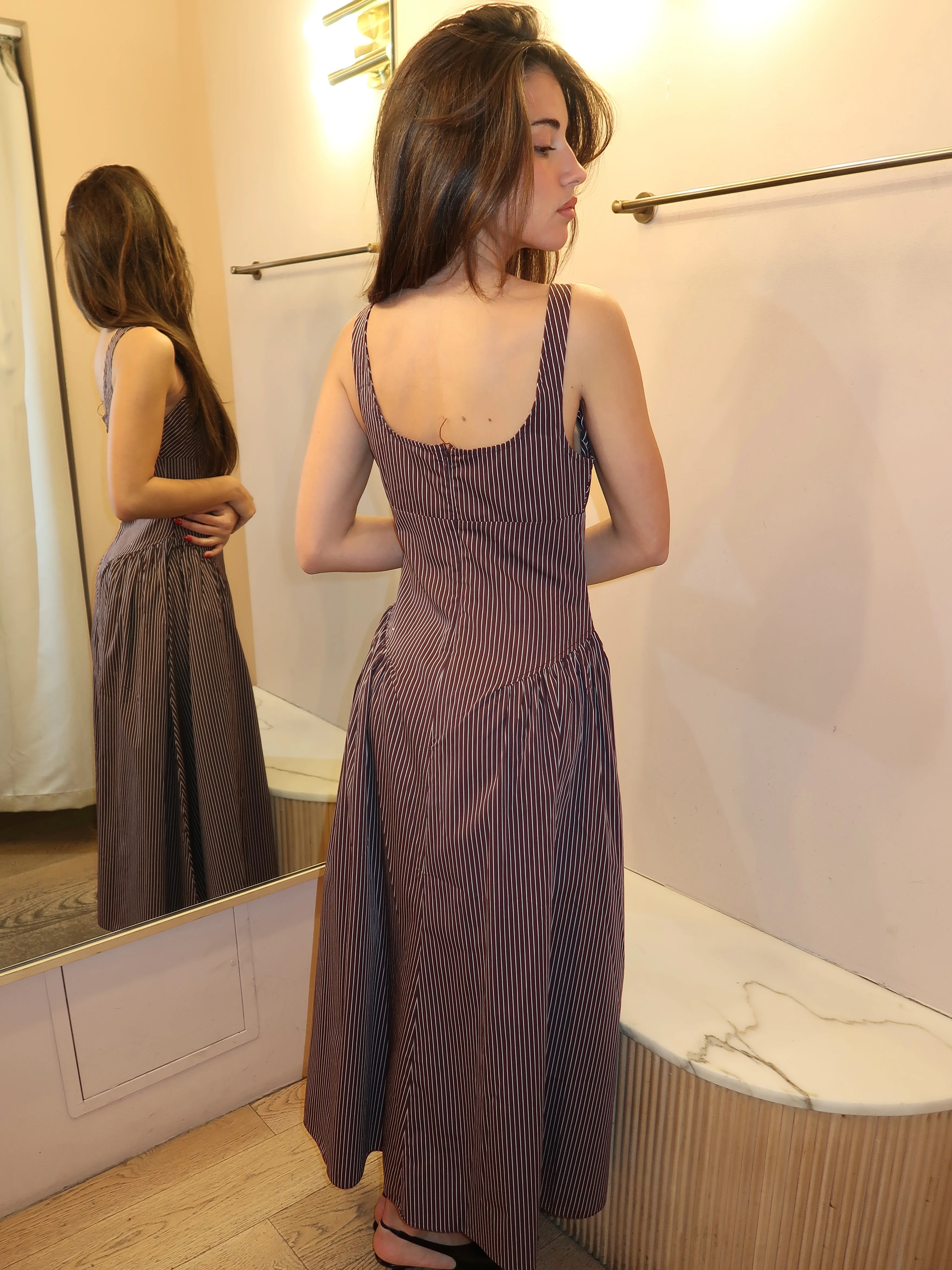Olas Midi Dress in Rocio Pinstripe Chocolate Plum - Image 3
