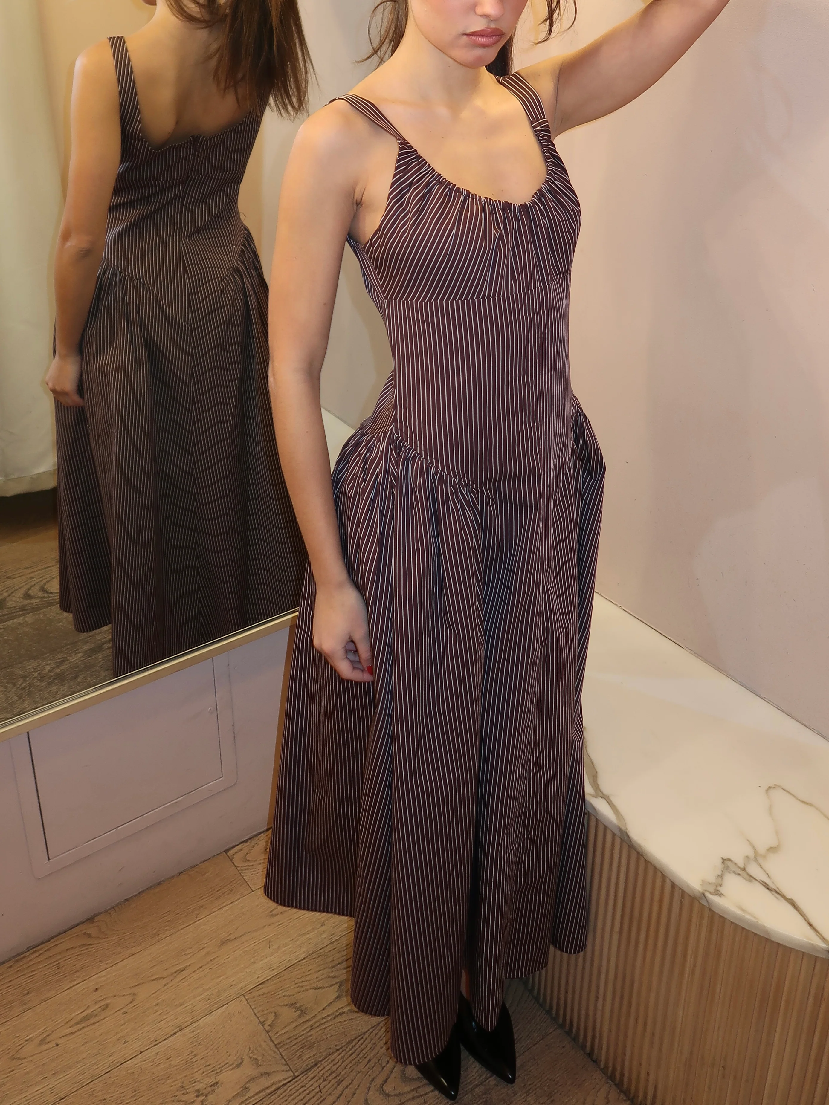 Olas Midi Dress in Rocio Pinstripe Chocolate Plum - Image 4