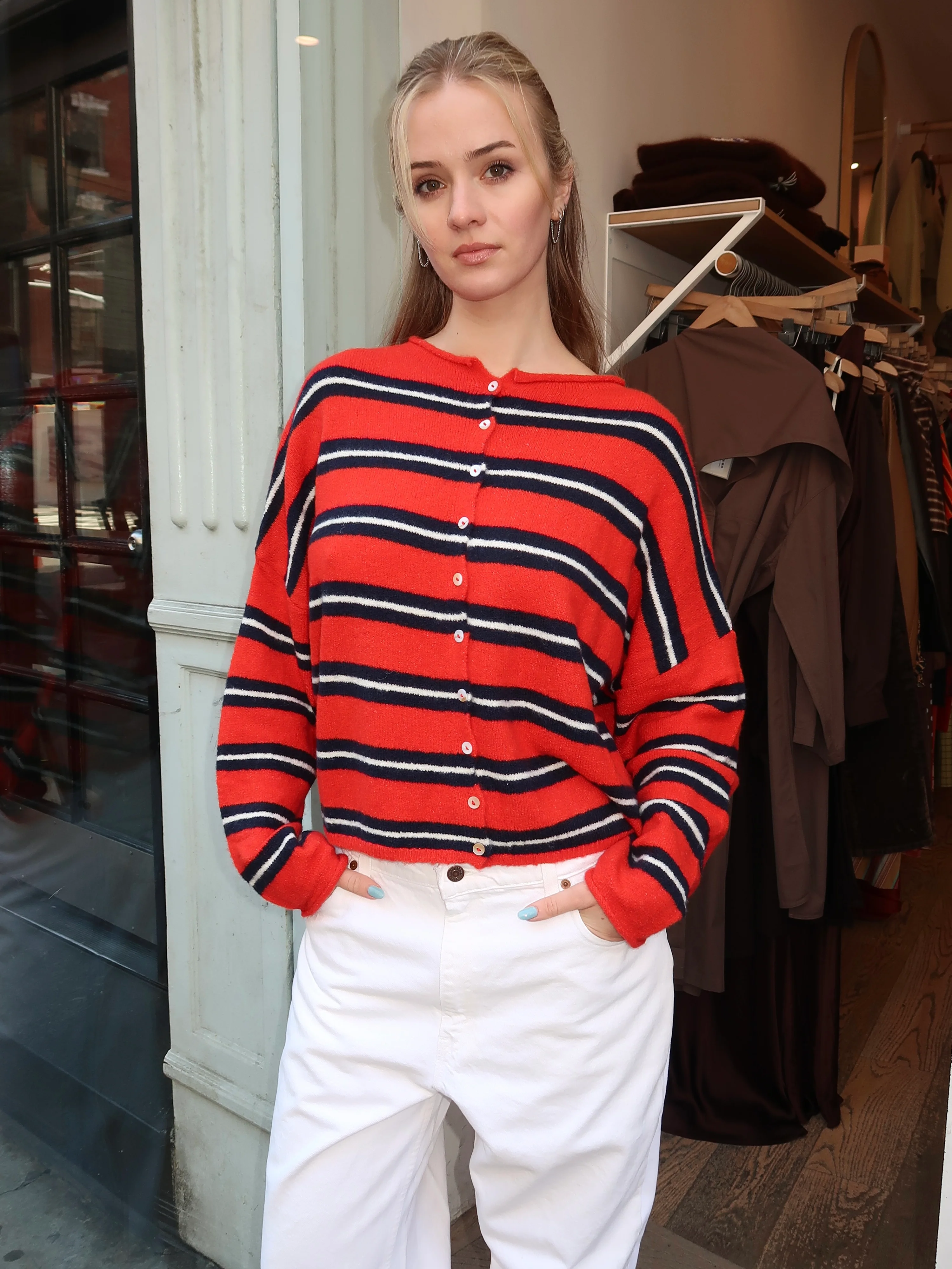 Pisces Button Down Cardigan in Varsity Red Stripe